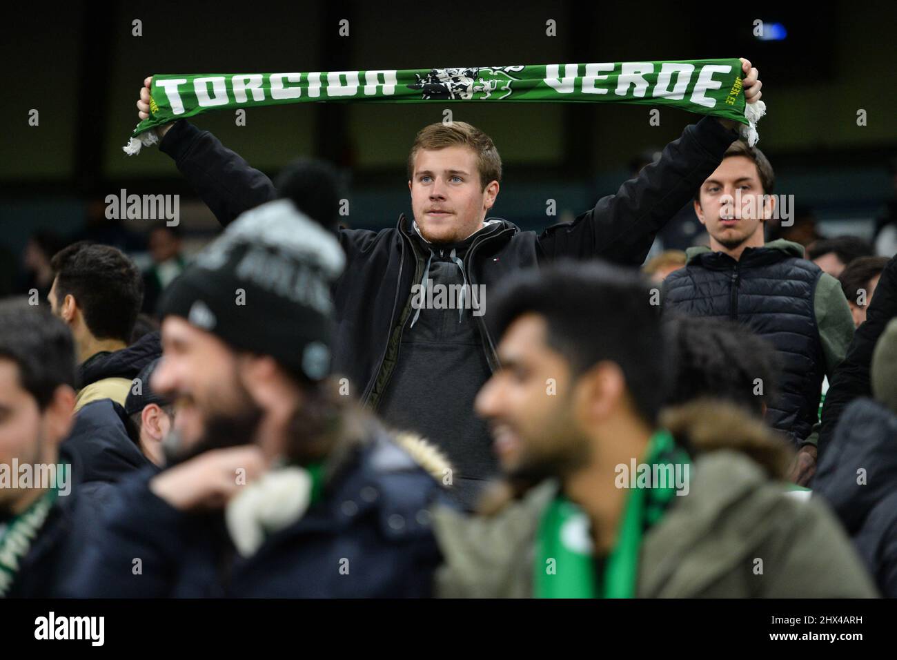 Manchester, UK. 03rd Mar, 2022. Sporting Lisbon fans prior to the UEFA Champions League round of 16 second leg match between Manchester City and Sporting Lisbon at Etihad stadium in Manchester. Will Palmer/SPP Credit: SPP Sport Press Photo. /Alamy Live News Stock Photo