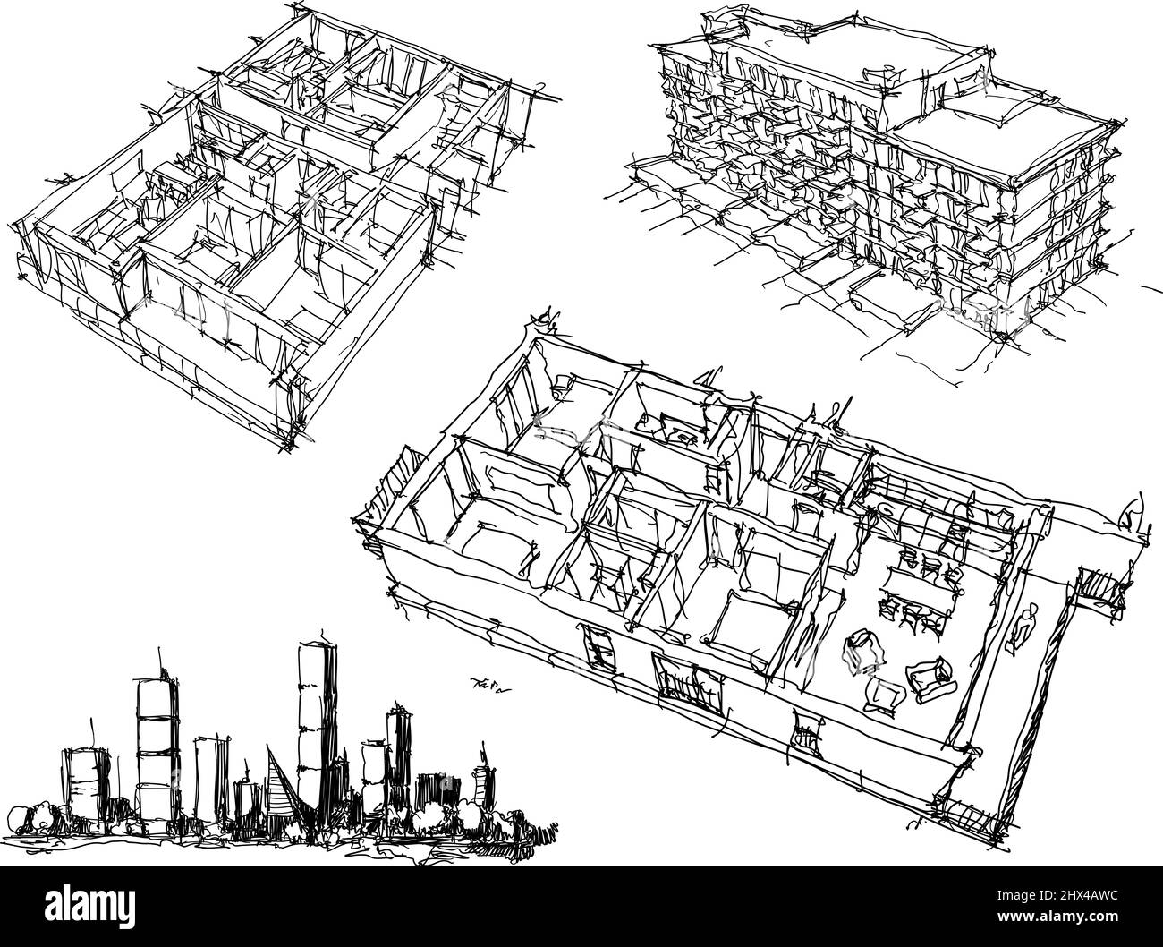 four hand drawn architectural sketches of a modern city with high ...
