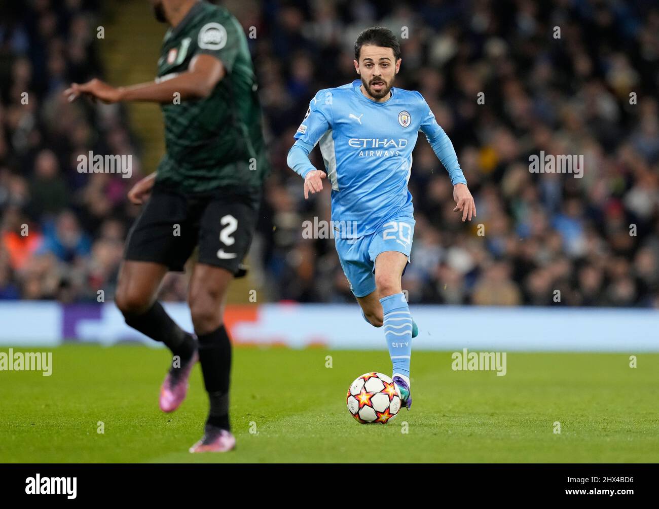 Manchester, England, 9th March 2022.   Bernardo Silva of Manchester City surges forward during the UEFA Champions League match at the Etihad Stadium, Manchester. Picture credit should read: Andrew Yates / Sportimage Stock Photo
