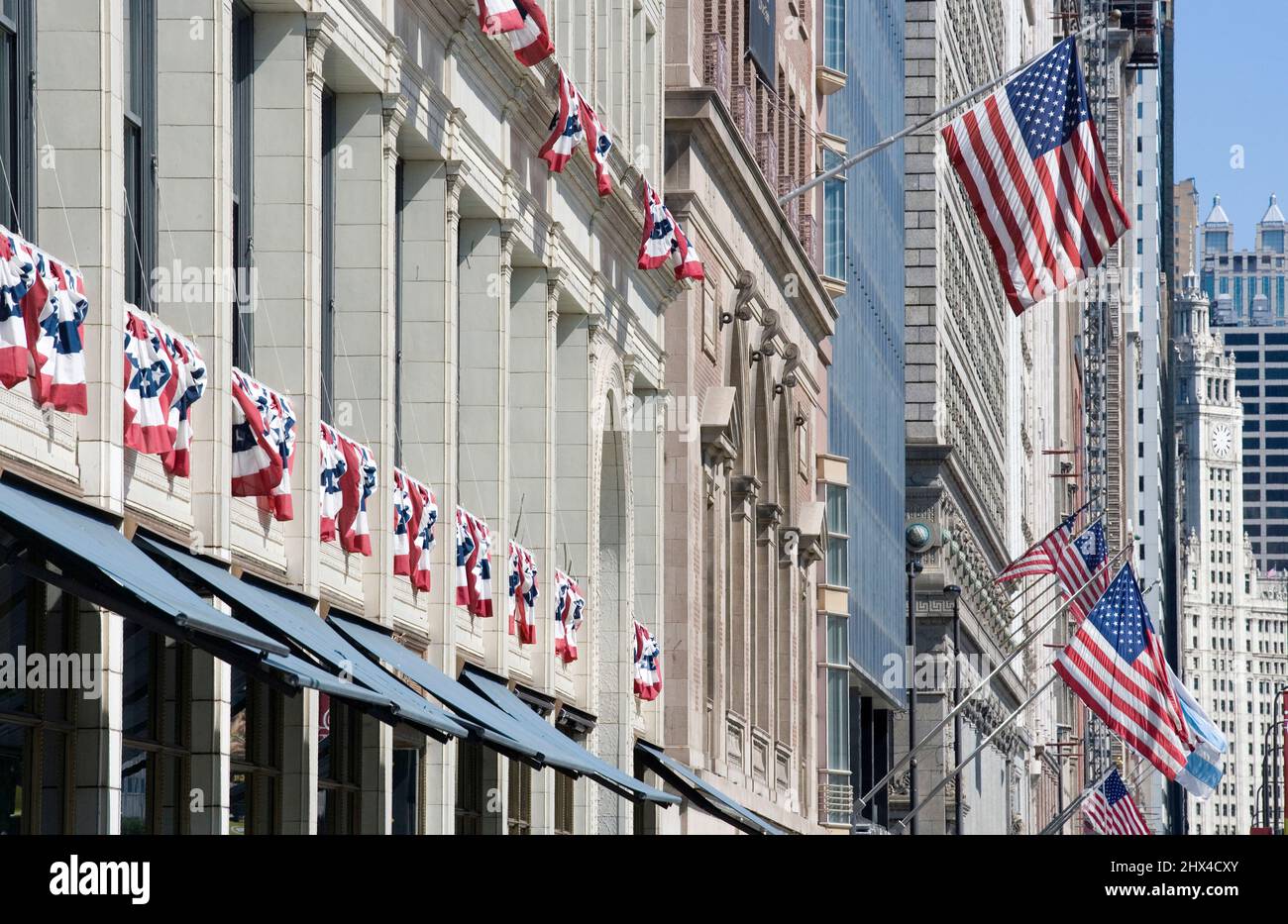 UNITED STATES FLAGS FLYING MICHIGAN AVENUE CHICAGO ILLINOIS USA Stock Photo
