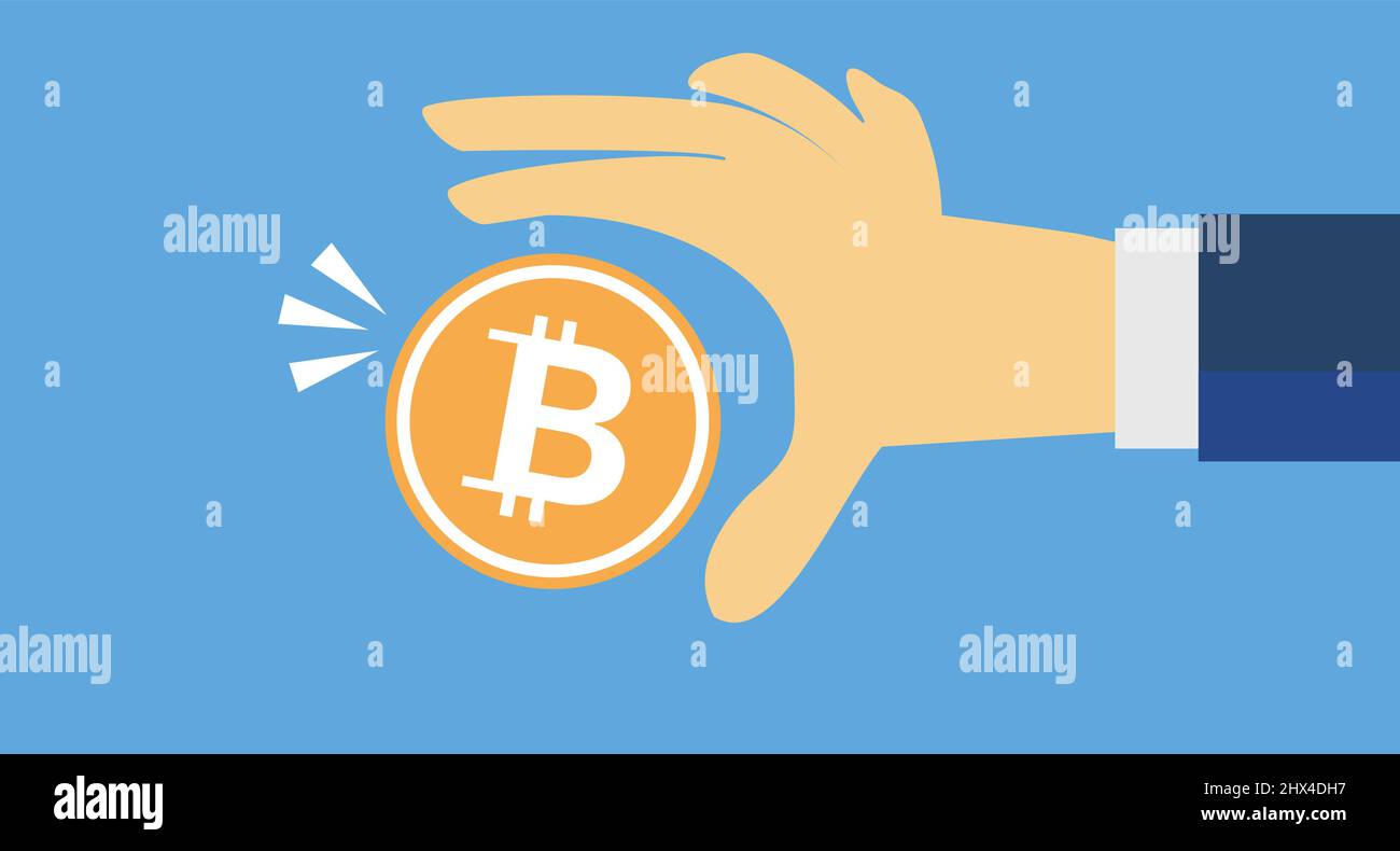 Bitcoin is the most famous cryptocurrency. Currency used on the Internet.  Male hand and pop bitcoin Stock Vector Image & Art - Alamy