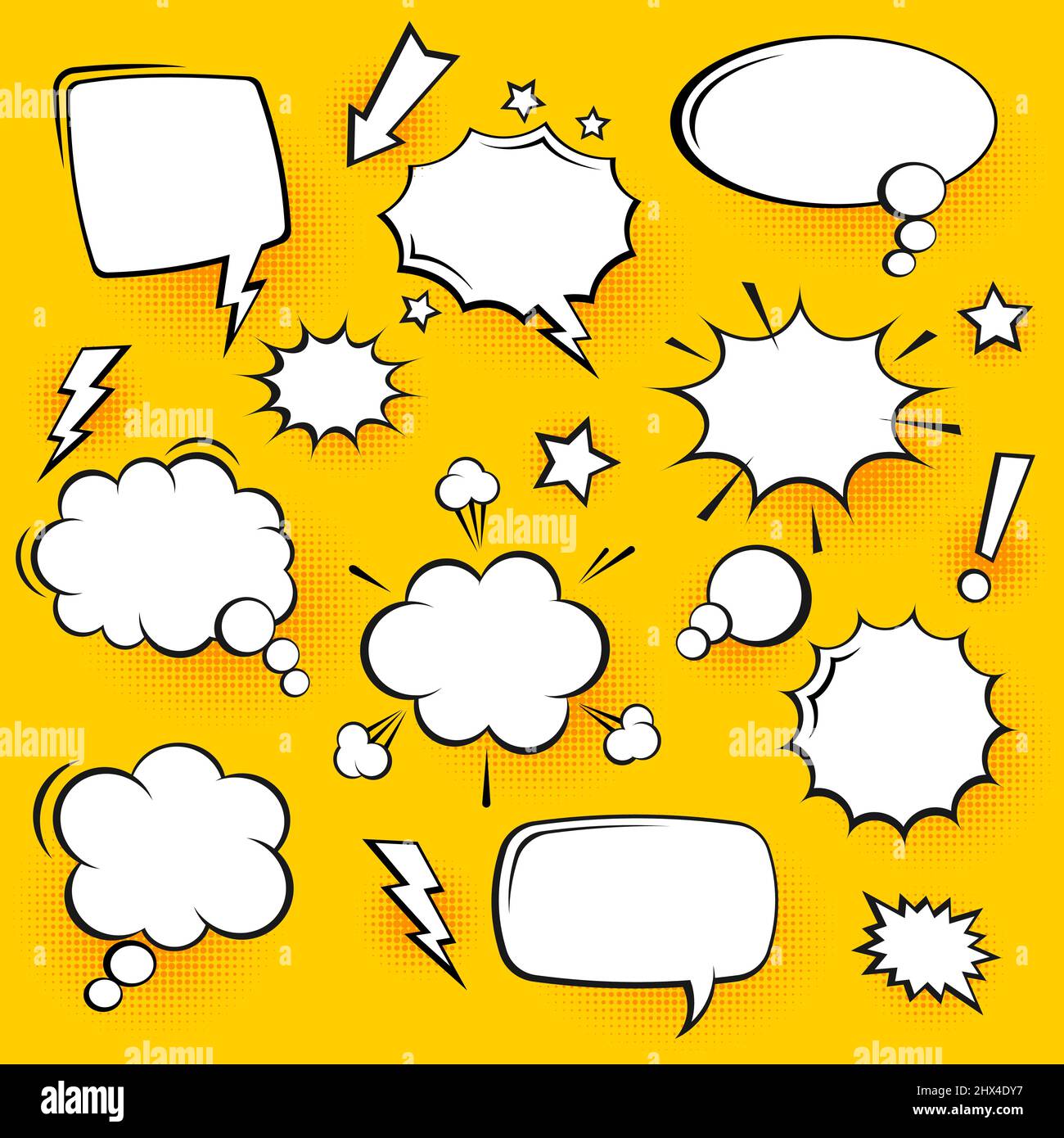 Blank comic speech bubbles with halftone shadows on yellow background ...