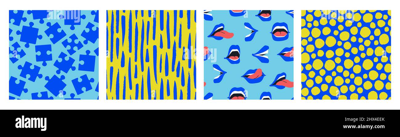 Set of vector seamless patterns in blue and yellow colors. Abstract backgrounds, dots, puzzles, lips and open mouths. Trendy designs for paper, cover Stock Vector