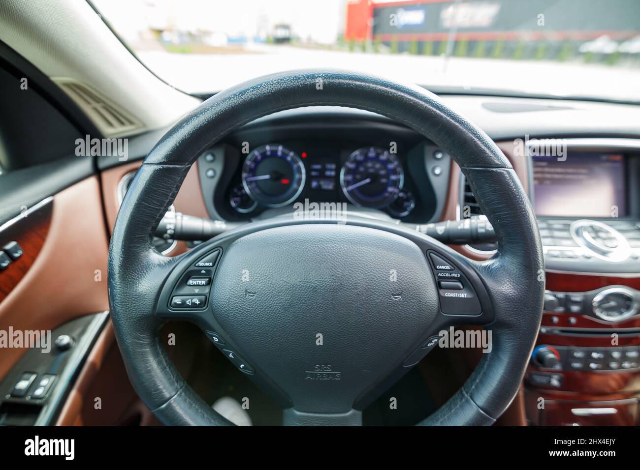 Closeup of a speedometer in a car. Car dashboard. Dashboard details