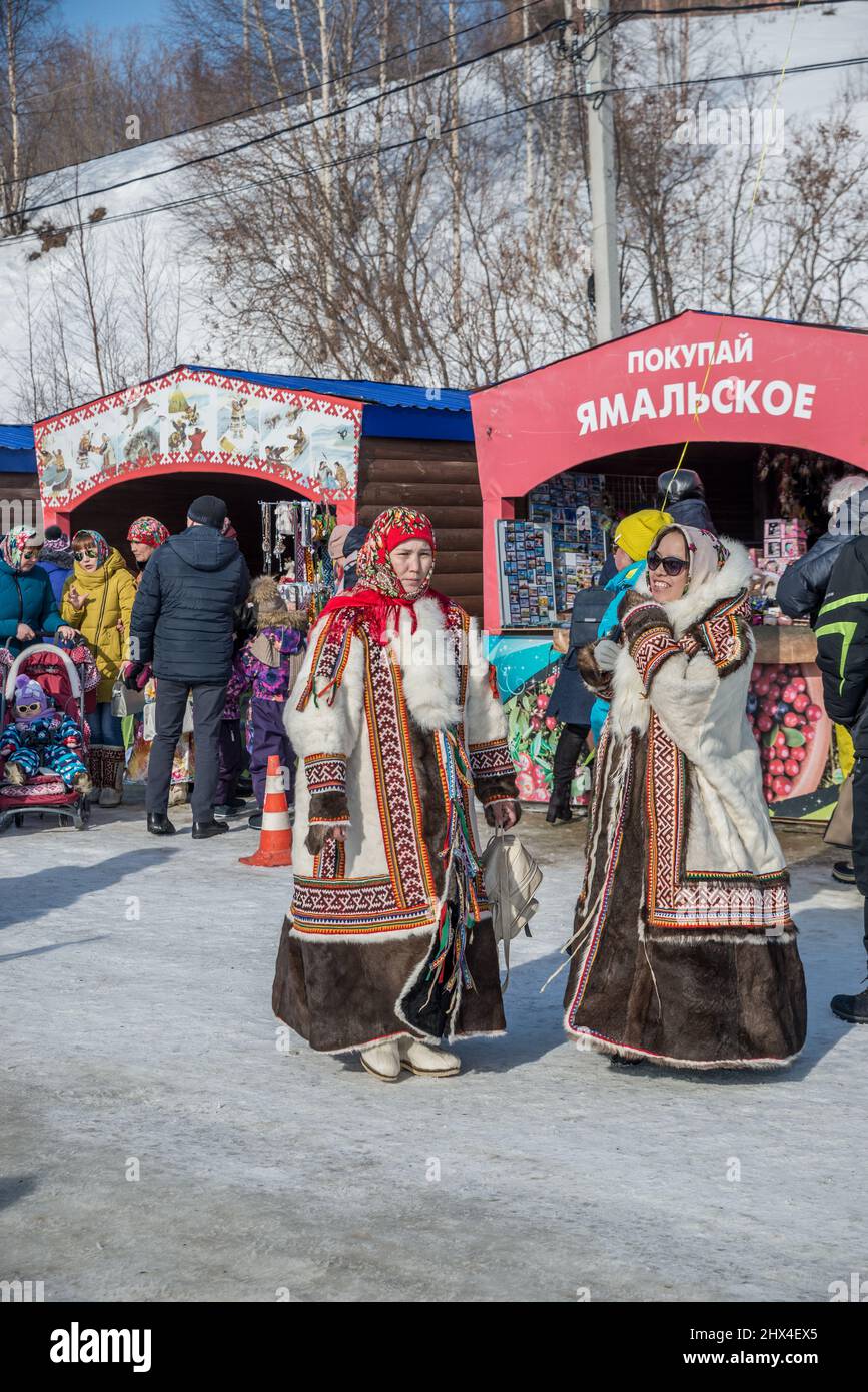 Two young women in traditional wear at the Reindeer Herders Festival in Salekhard, Yamalo-Nenets Autonomus Okrug, Russia. Stock Photo