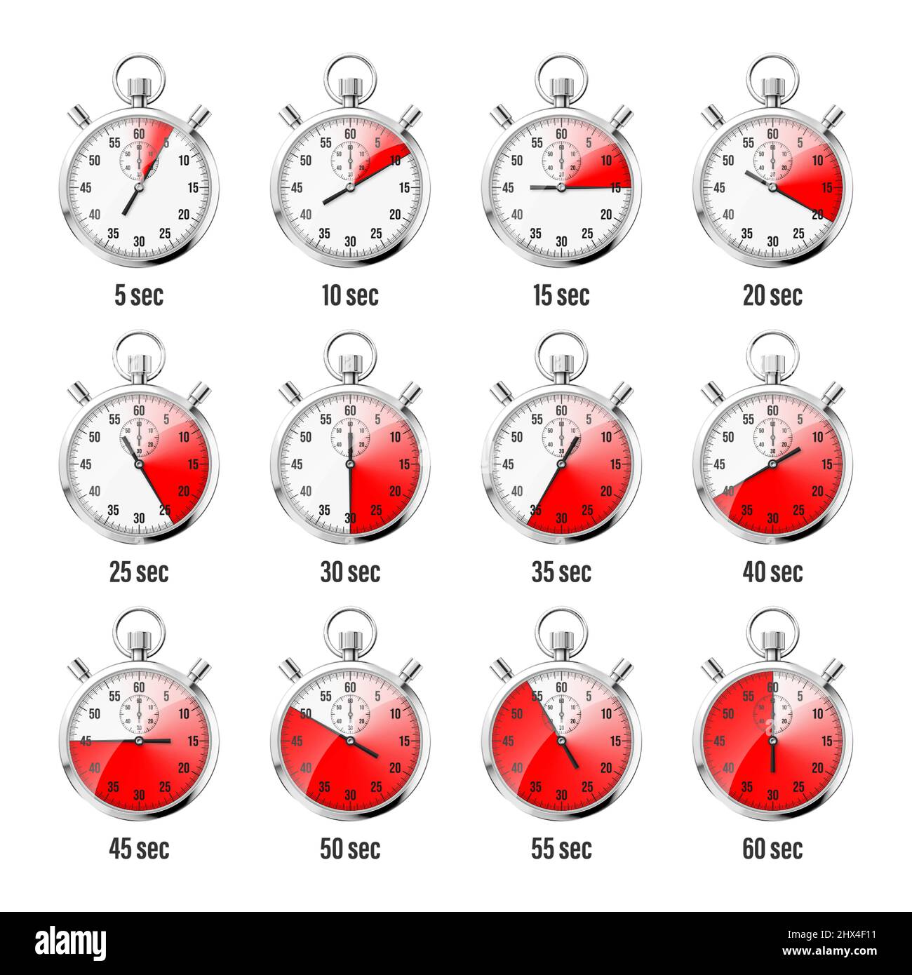 Realistic classic stopwatch icons. Shiny metal chronometer, time ...