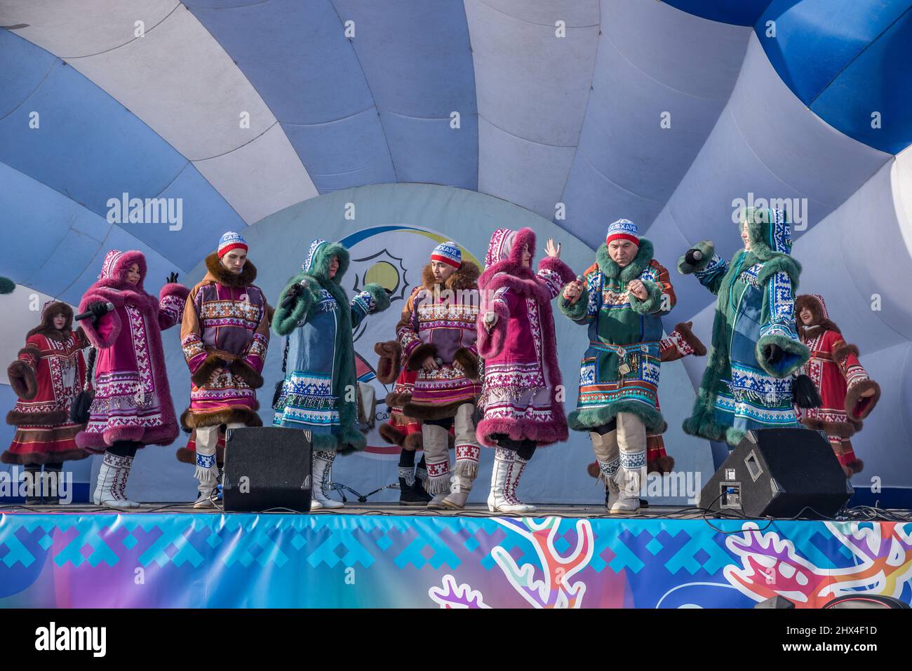 Nenets Patterns Singers and dancers in traditional Nenet wear on the stage at the ...