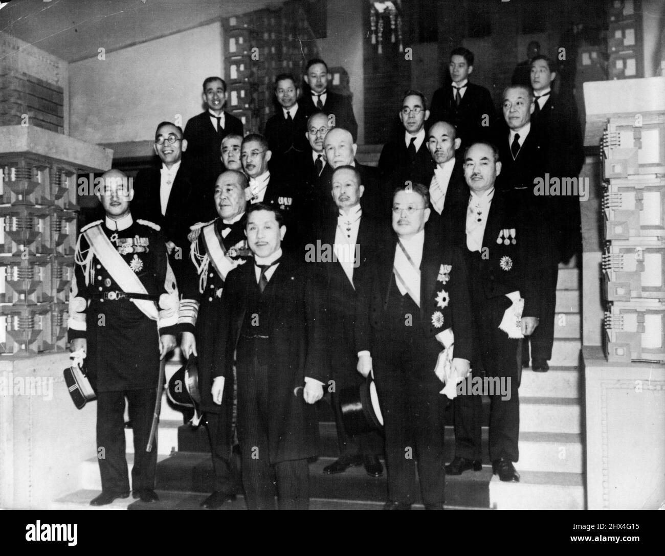 The New Nippon Cabinet Hirota - All State Ministers of the Hirota Cabinett. First row: War Minister Count General Hisakazu Terauchi; Premier and Foreign Minister Koki Hirota;Industrial and Commercial Minister Takukichi Kawasaki; Second row: Navy Minister Admiral Osami Nagano; Finance Minister Yeiichi Baba; Justice Minister Dr.Raisaburo Hayashi. Third row: Overseas Minister Hidejiro Nagata; Communications Minister Keikichi Tanomogi; Agricultural and Forest Minister Toshio woo.anNoJesia6anio[mmAn Mayeda and Home Minister and Education 16P089000-HINS Minister Keinosuke Ushio. March 30, 1936. Stock Photo