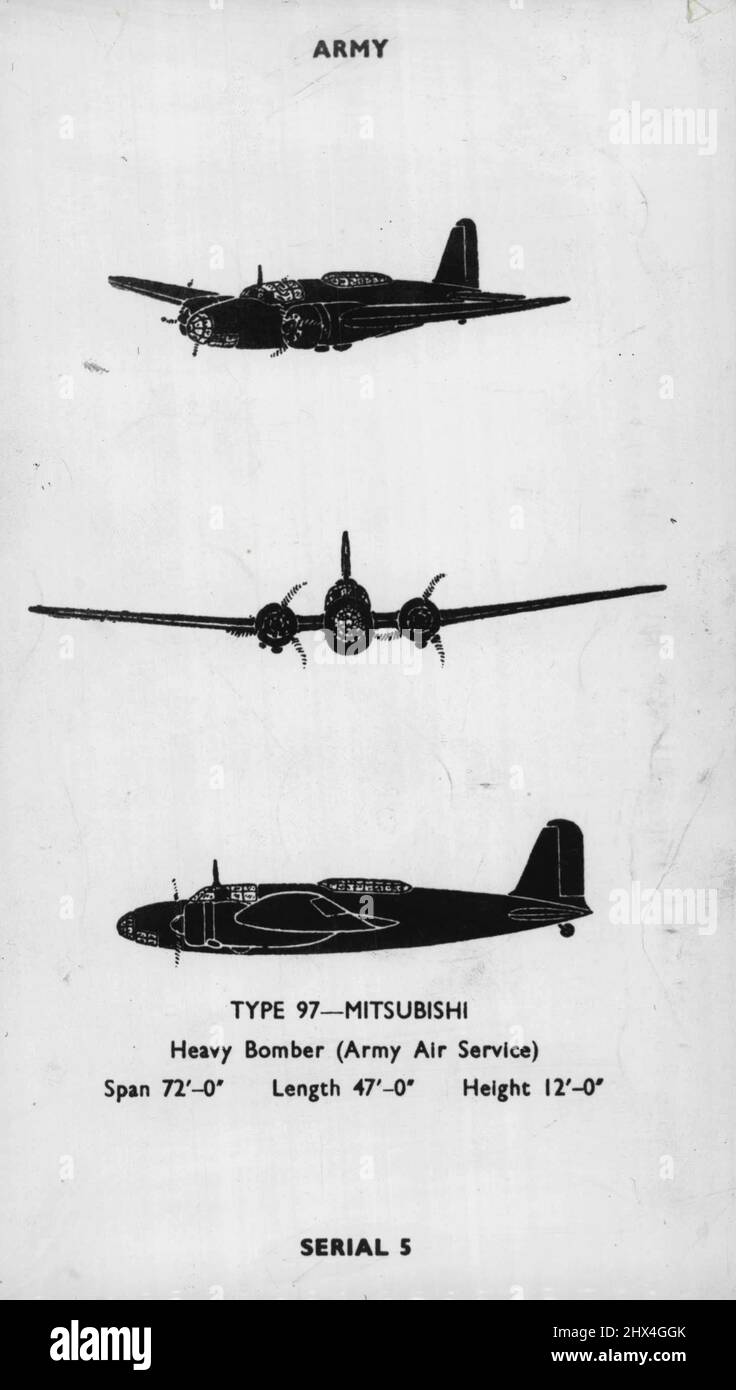 Type 97- Mitsubishi - Heavy Bomber (Army Air Service), Span 72'-0", Length 47'-0", Height 12'-0", Serial 5. December 19, 1941. Stock Photo