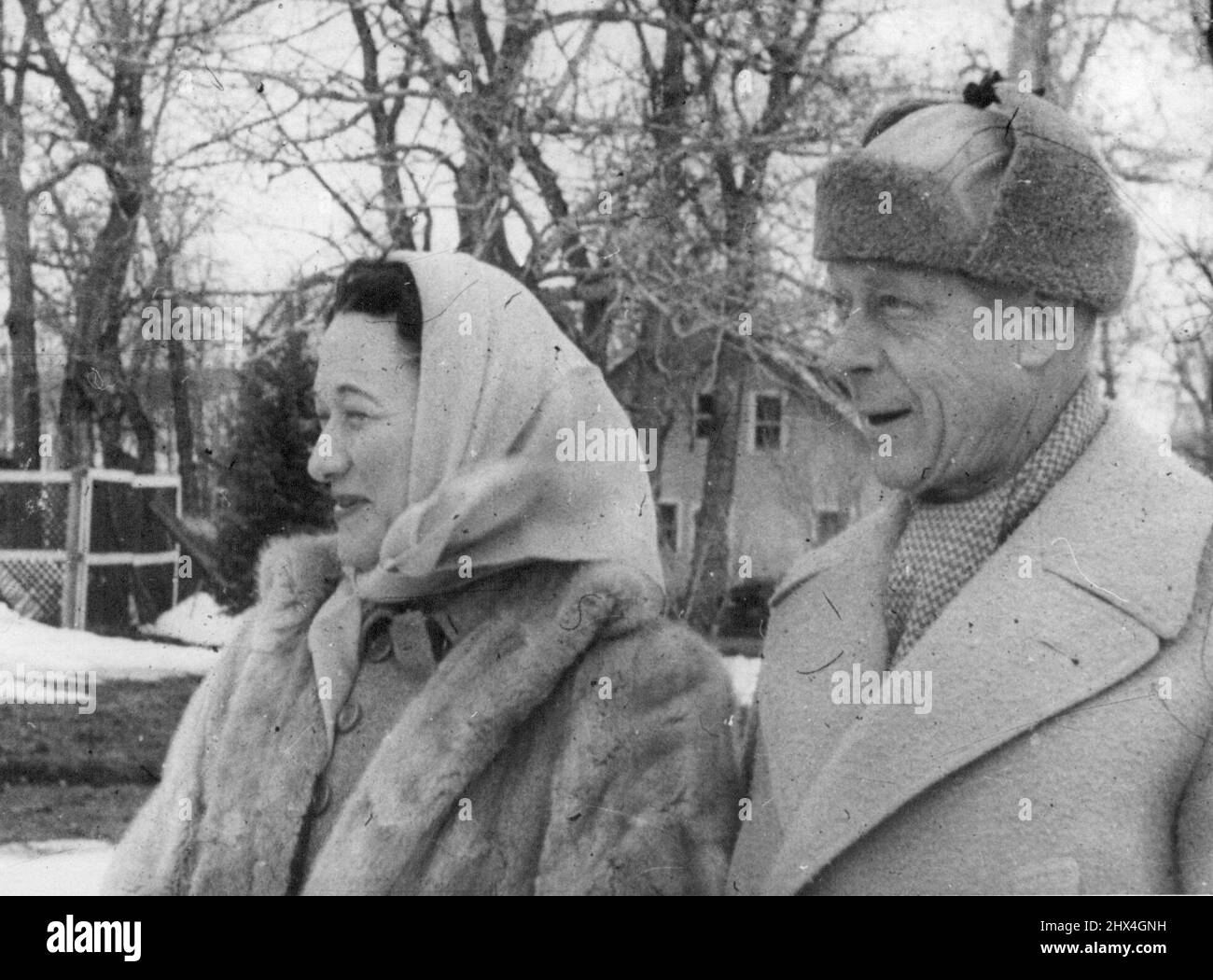 Windsors Visit their Ranch The Duke and Duchess of Windsor visited their 4,000 Acre Ranch at Calgary, Alberta, Canada, During April. They are seen here as the look over the property for the first time in Nine Years. April 21, 1950. (Photo by Associated Press Photo). Stock Photo