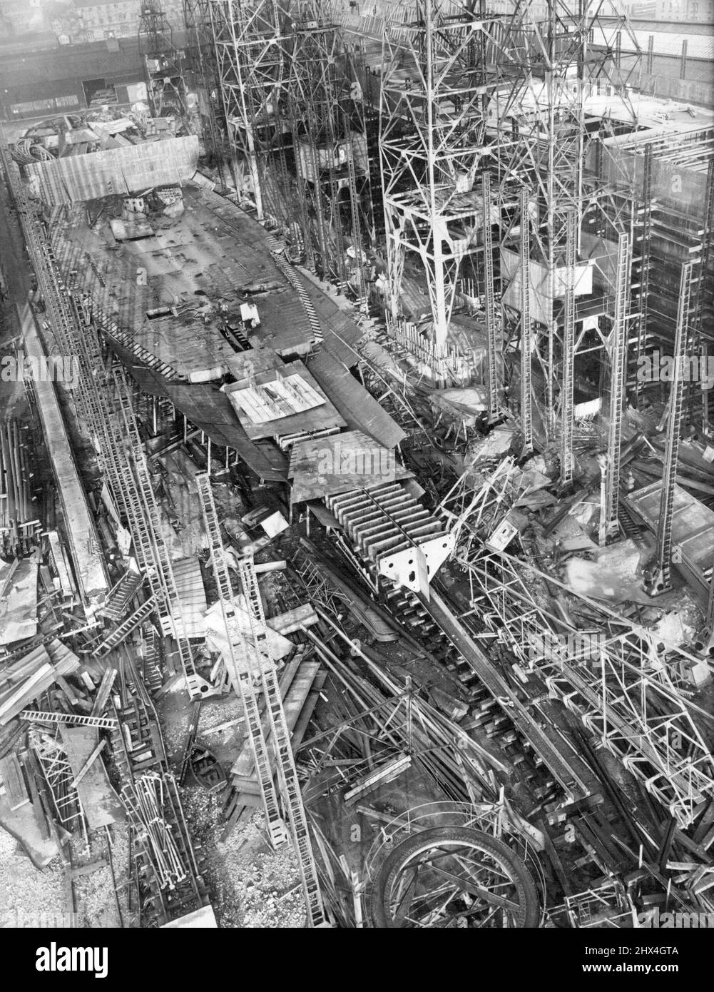 First New Big liner to be built by the P. and O. Company for the Australian trade, the Himalaya (29,000 tons) is the largest vessel ever designed for the Company and will carry 1200 passengers. She is shown here building at Vickers-Armstrong works Barrow-in-Furness. January 07, 1947. Stock Photo