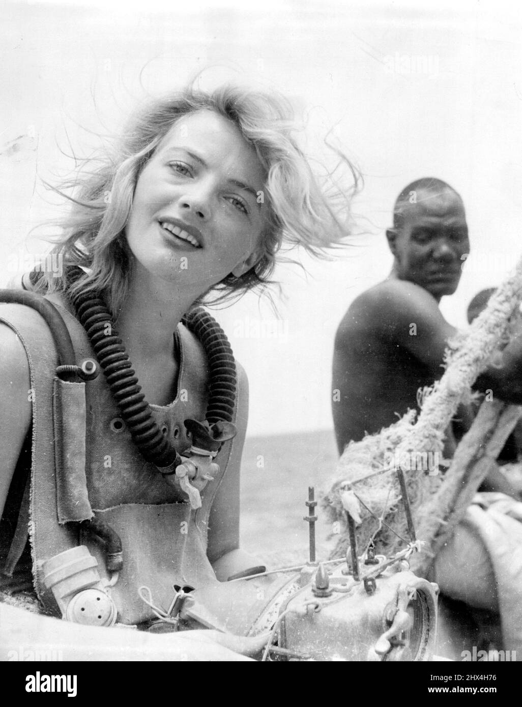Lottie Hass, the oxygen breathing affect rates he her band designed the future ***** as takes on location in the Red Sea. February 18, 1953. Stock Photo