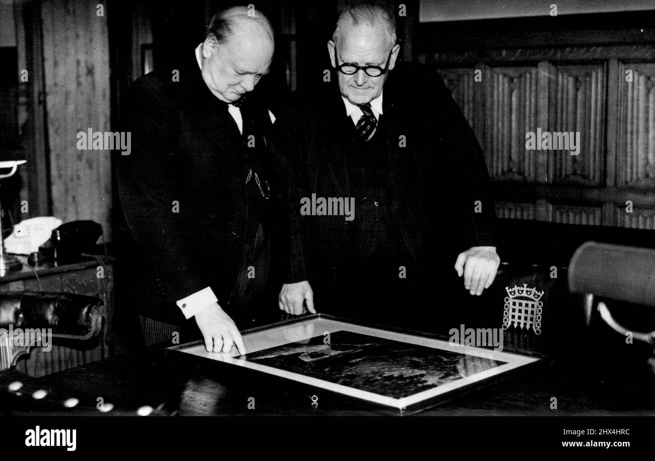 Mr. Churchill and Mr. W. J. Jordon study the drawing together.A New Zealand gift to Mr. Churchill. Early in the war the Churchill league was formed in Gisbourne, New Zealand, and its object being to acknowledge in some way the wonderful leadership of Mr. Winston Churchill during the dare days of 1939/40. Knowing Mr. Churchill's keen interest in the visual arts the league purchased a water colour drawing depicting a Typic New Zealand landscap  which Mr. W. J. Jordon, the high commissioner for New Zealand, was asked to present on behalf of the league to Mr. Churchill and convey to him their undy Stock Photo
