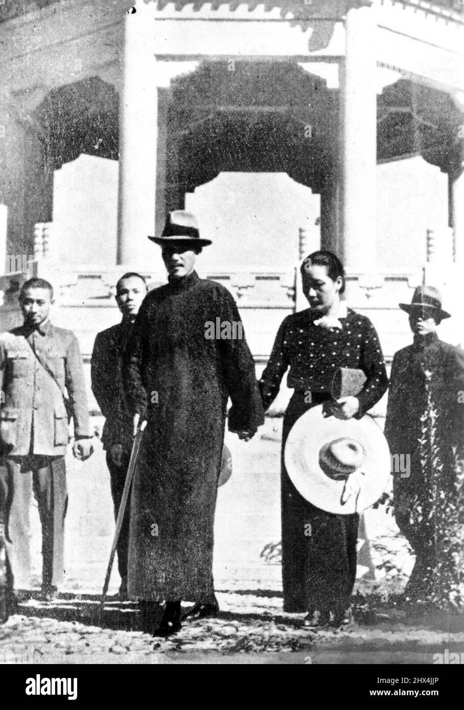 Chiang Kai-Shek and Mrs. Chiang (Sung Mei-ling) on the ceremony of birthday, reproduced form the China Press. Generalissimo's Birthday..... The 51st anniversary of birthday of Chinese Generalissimo Chiang Kai-Shek was held on the 18th October at his residence in Nanking, avoiding the Japanese planes' bombing. November 4, 1937. (Photo by The Domei News Photos Service). Stock Photo