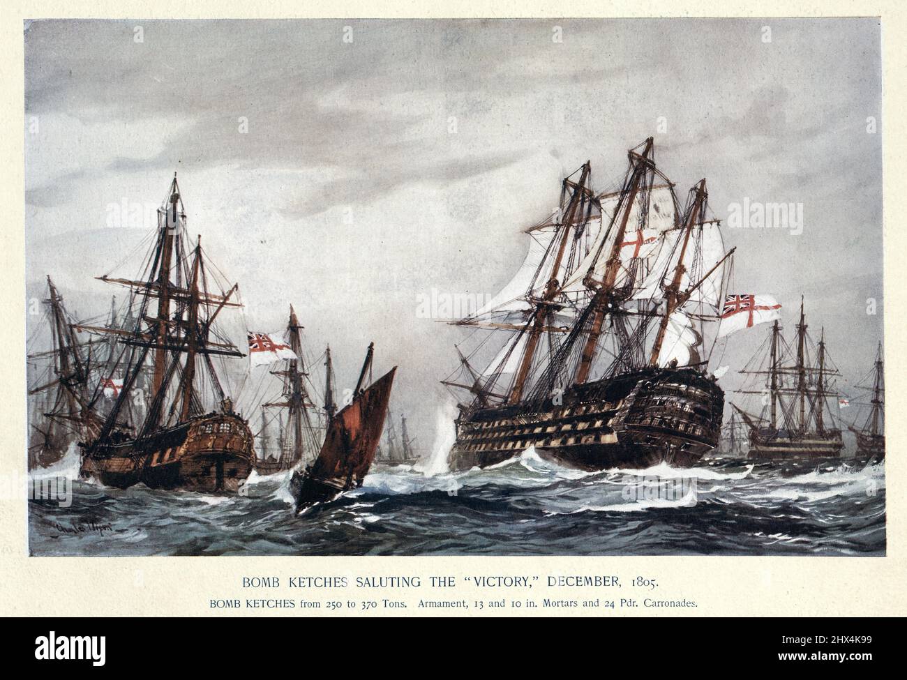 Bomb ketches saluting HMS Victory after the Battle of Trafalgar, Royal Navy warships, early 19th Century Stock Photo