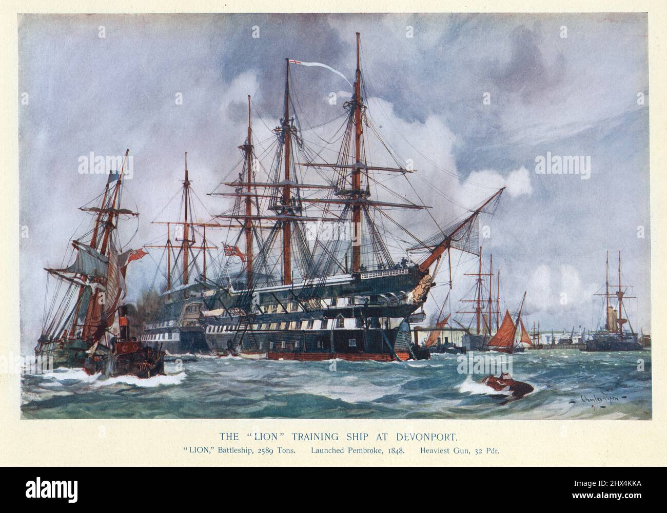 HMS Lion, Royal Navy training ship at Devonport, 19th Century. HMS Lion was a 80-gun second rate Vanguard-class ship of the line built for the Royal Navy in the 1840s. She was fitted with steam propulsion in 1858–1859. In 1871 Lion was converted into a training ship at HM Dockyard, Devonport. Stock Photo