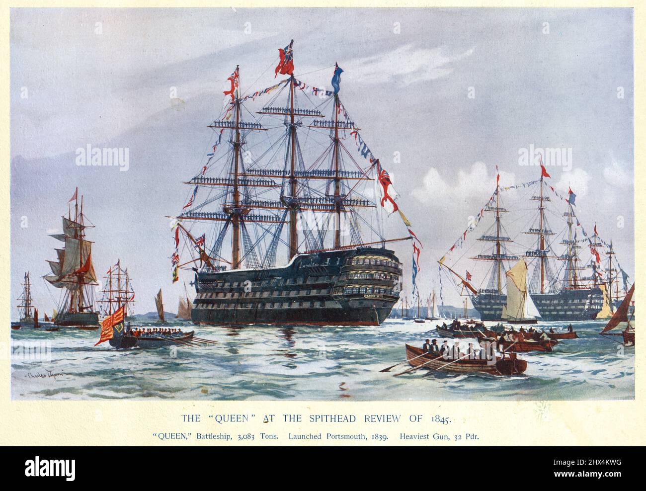 HMS Queen (1839) at Spithead review of 1845. HMS Queen was a 110-gun first-rate ship of the line of the Royal Navy. She was the last purely sailing built battleship to be ordered. Stock Photo