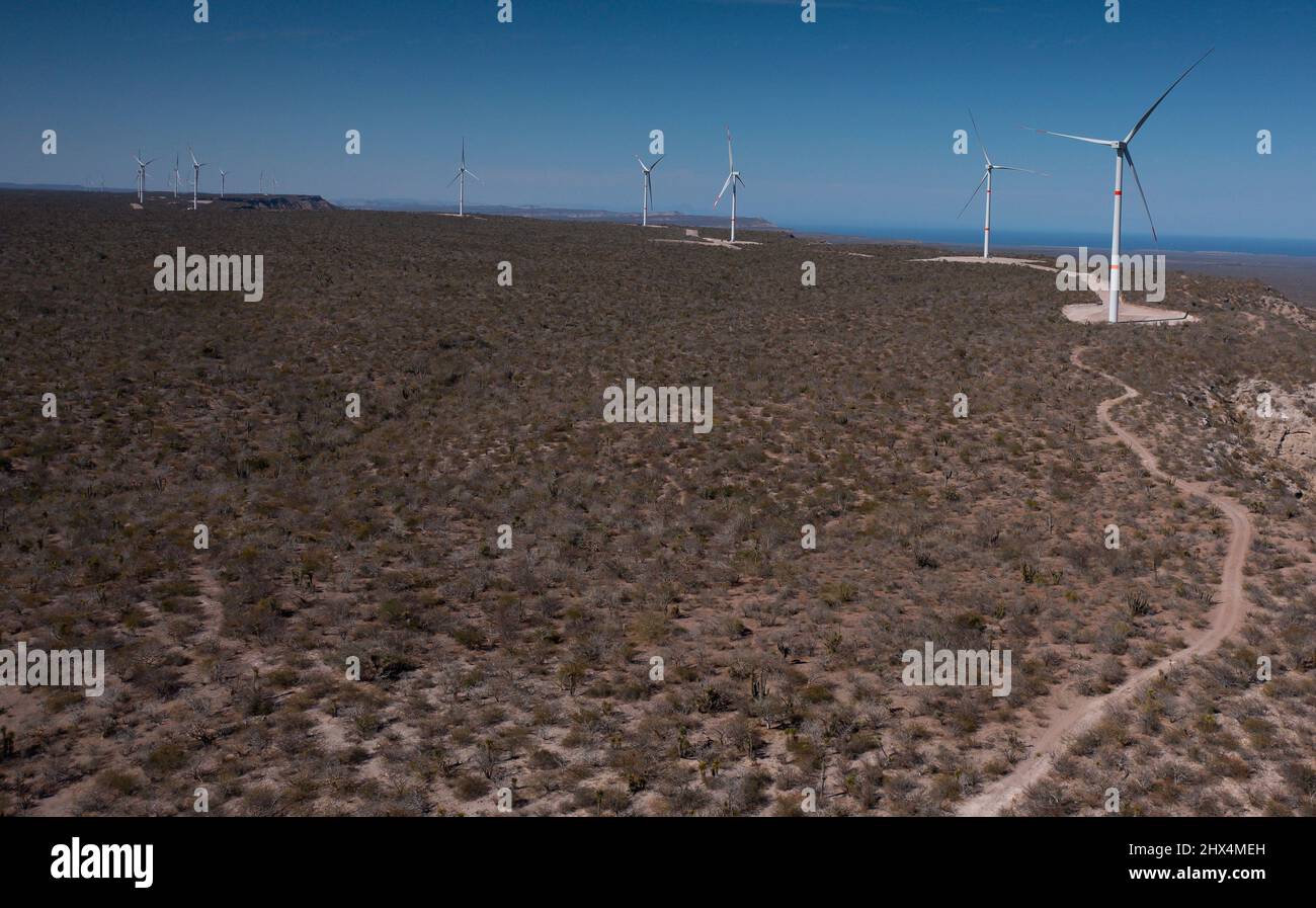 Windmill farm outside La Paz in BCS Mexico February 13, 2022 Stock Photo