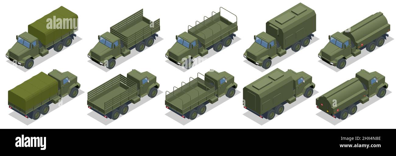 Isometric military heavy truck. Military green army vehicle isolated military heavy truck on white background Stock Vector