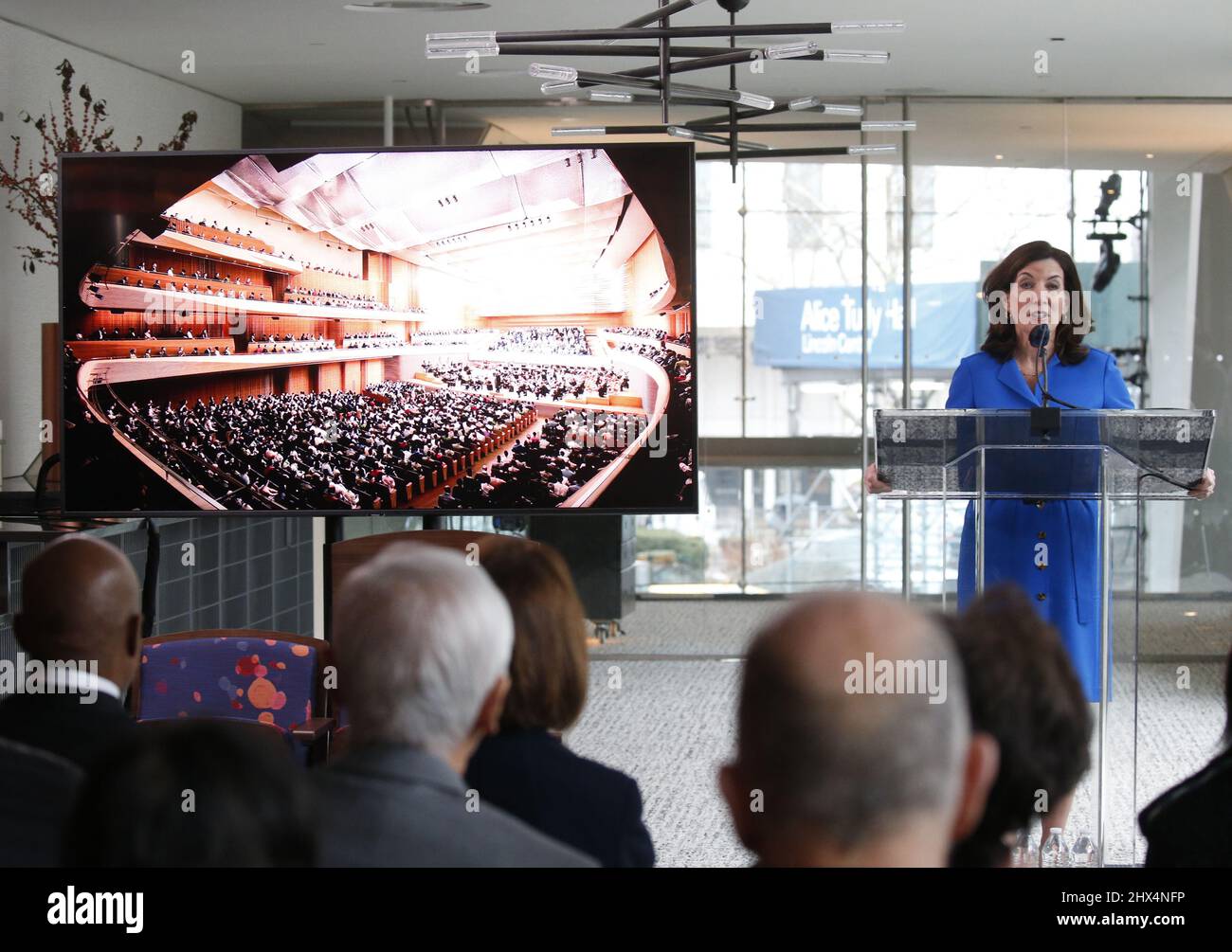 New York, United States. 09th Mar, 2022. New York Governor Kathy Hochul speaks at a news conference about the newly renovated David Geffen Hall in New York City on Wednesday, March 9, 2022. The New York Philharmonic's home will reopen in October 2022, a year and a half ahead of schedule, after construction was accelerated during the pandemic. Photo by John Angelillo/UPI Credit: UPI/Alamy Live News Stock Photo