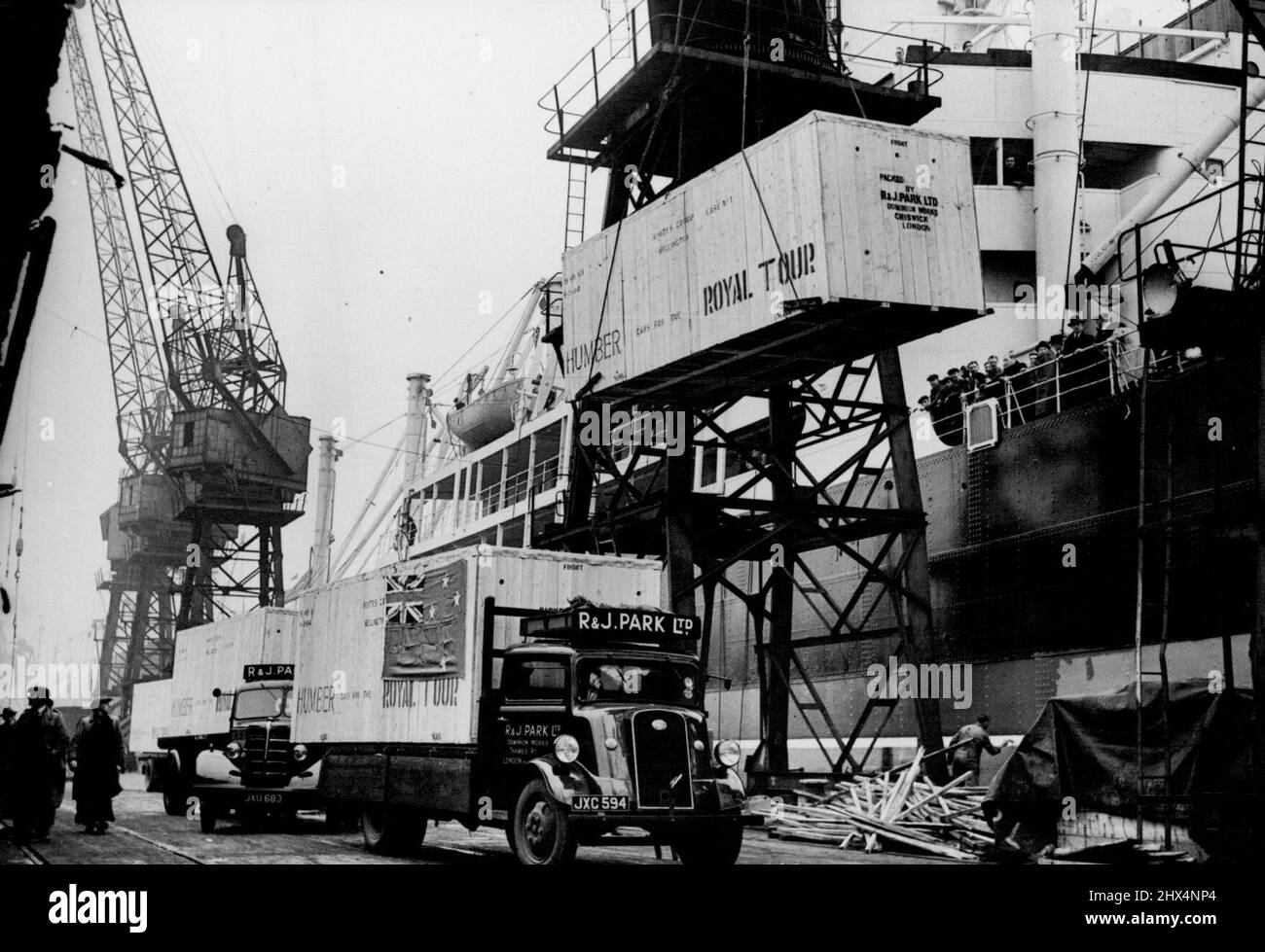 The Royal Tour: Royal Cars Leave for New Zealand. Humber cars part of the fleet to be used during the Royal tour of Australia and New Zealand, being loaded in readiness for departure at the Royal Albert Dock, London. November 18, 1948. (Photo by Sport & General Press Agency, Limited). Stock Photo