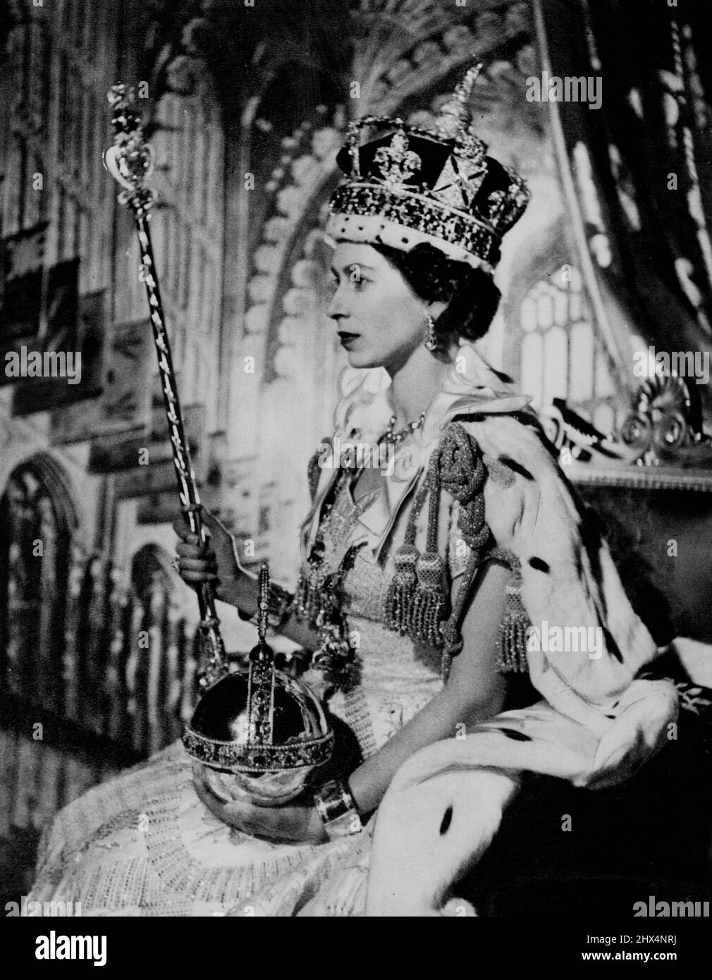 HRH Queen Elizabeth with Coronation Crown & Sceptre HD poster wall art 