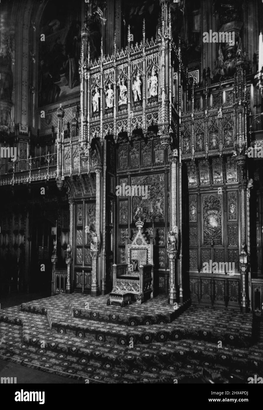 Ready For State Opening of Parliament - The ornate throne in the House of Lords from which the Queen Hill deliver her speech at the State Opening of Parliament on Tuesday November 4th. October 31, 1952. Stock Photo