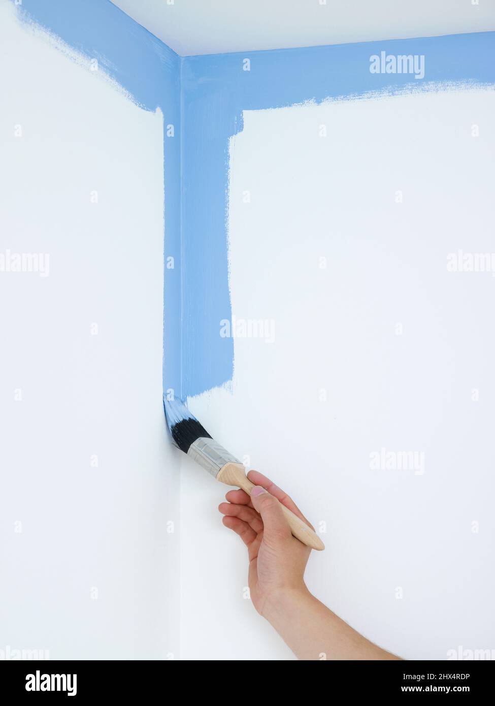 Painting white wall blue matt emulsion paint Stock Photo Alamy