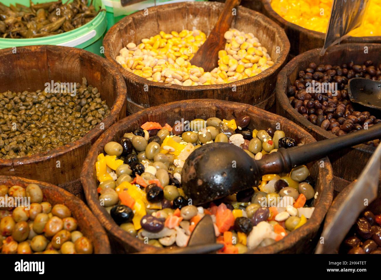 France, Corsica, Ajaccio, local produce market, olives and capers Stock Photo