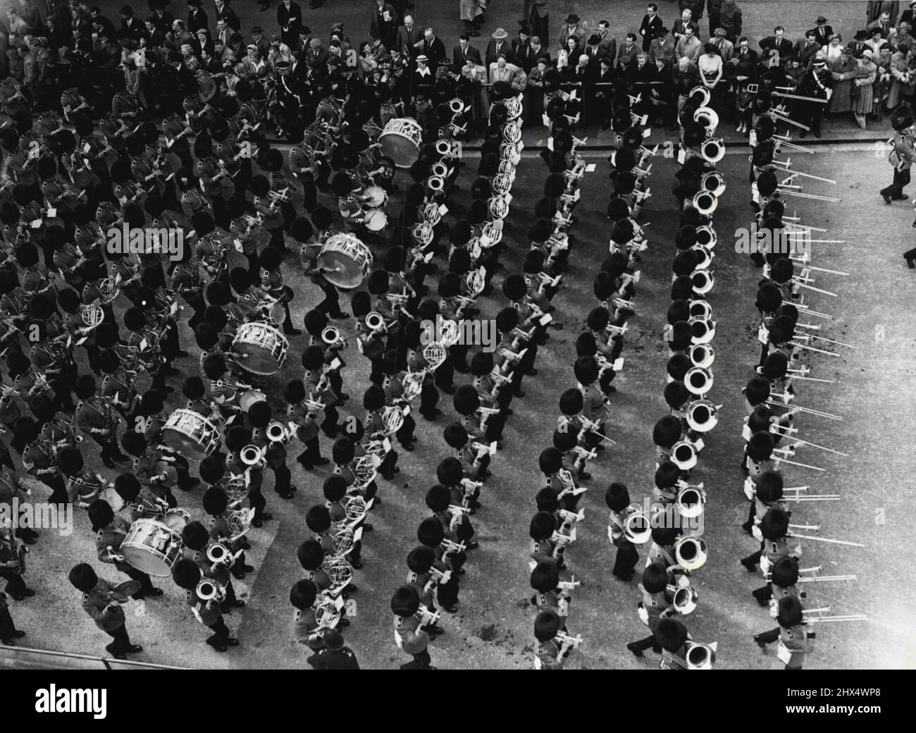 Trooping The Colour Rehearsal -- The Guards massed band. A full dross rehearsal of the Trooping the Colour harmony was hold today (Monday May 28th 1951) on the Horse Guards Parade. The ceremony will take place on June 7th 1951 in the prosenco of the King and other members of the Royal Family, in celebration of the King's official birthday. May 28, 1951. Stock Photo