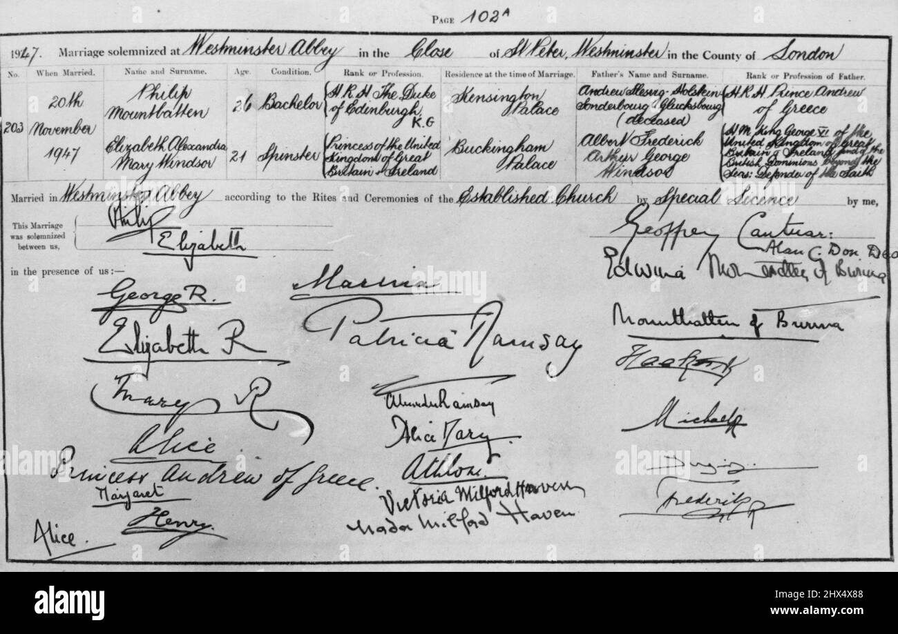 Royal Names -- This marriage register of Princess Elizabeth and Philip will be treasured in the years to come as it contains the names of many famous people. On the left are the signatures of the King and Queen and the Royal Mother. Under Alice. Princess Andrew of Greece, can just be seen Princess Margaret's tiny signature, followed by Henry and Alice, Duke and Duchess of Gloucester. Marina is the Duchess of Kent, and other distinguishable names are Haakon, King of Norway, and Michael, King of Rumania. At top right are the signatures of Lord Louis Mountbatten and his wife. November 29, 1947. ( Stock Photo