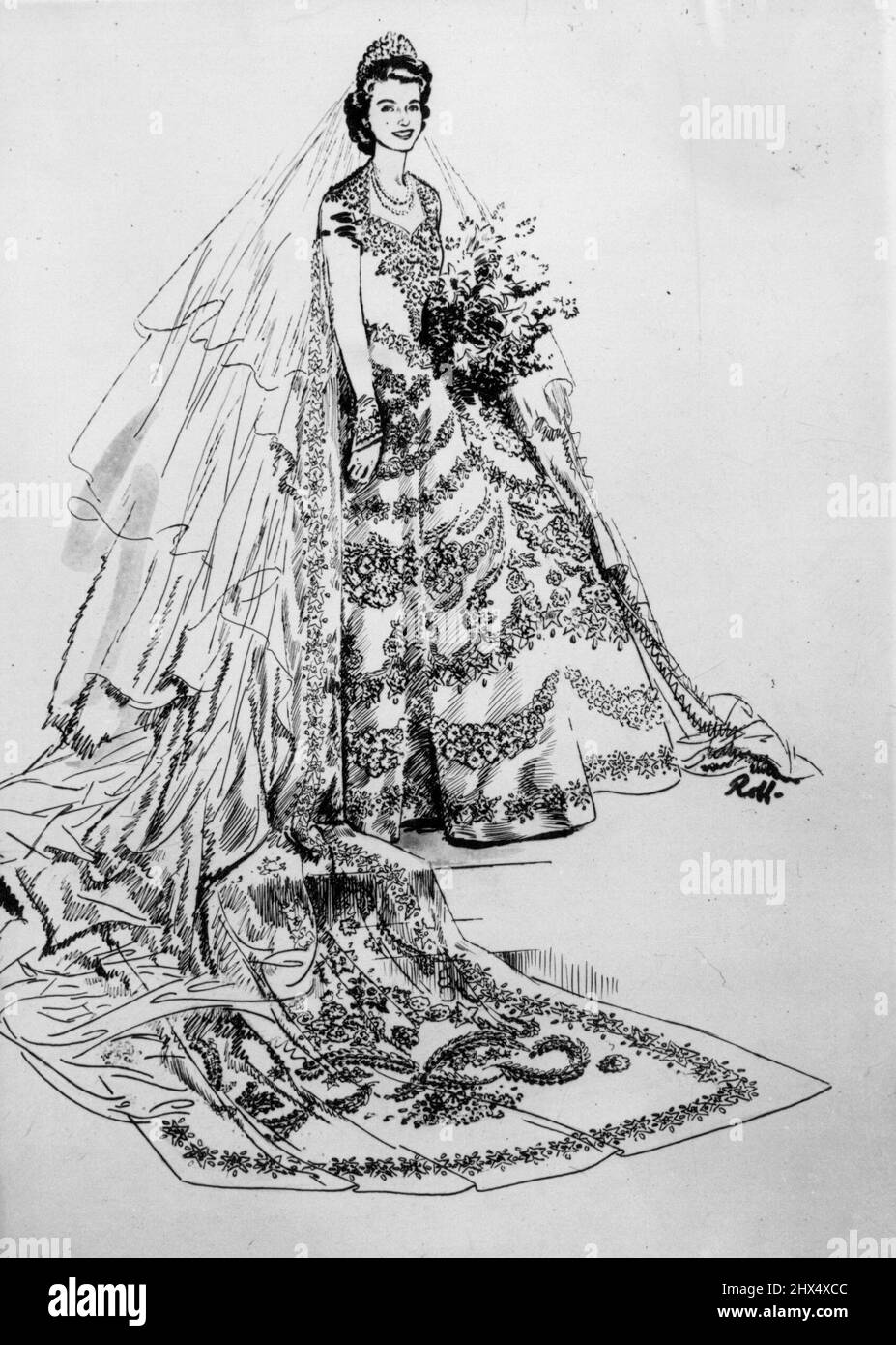Royal Wedding: Princess Elizabeth's Weddings Dress -- A Princess Gown of ivory Duchesse satin, cut on Classing lines, with fitted Bride, Long tight sleeves and full falling Skirt. The Broad heart-shaped neckline of the ***** is Delicately Embroidered with seed Pearls and Crystal in a in a Floral Design. From the pointed waist-line, formed by a Girdle of Pearl Embroidered star flowers, the swirling skirt is Gloriously hand Embroidered in an Exquisite Design inspired by the paintings of Botticelli representing Garlands of White York Roses Carried out in raised Pearls Entwined with Ears of Corn M Stock Photo