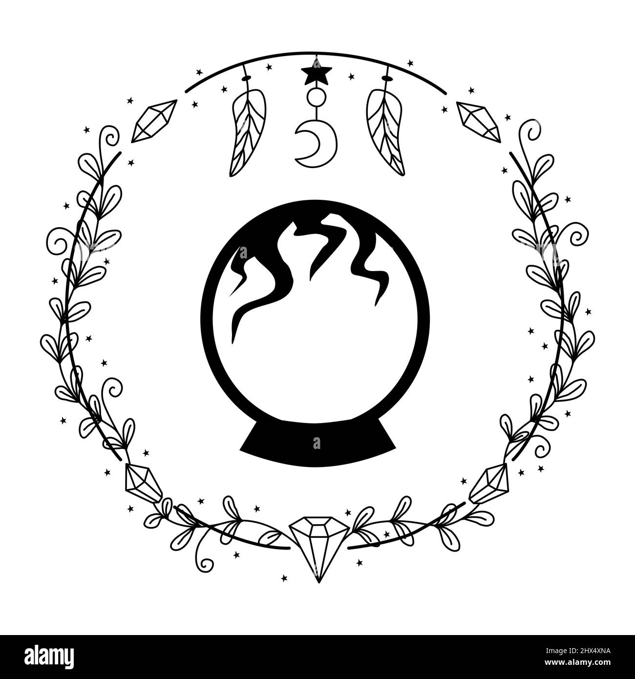 Crystal ball for fortune telling. Witch symbols glass ball Stock Vector