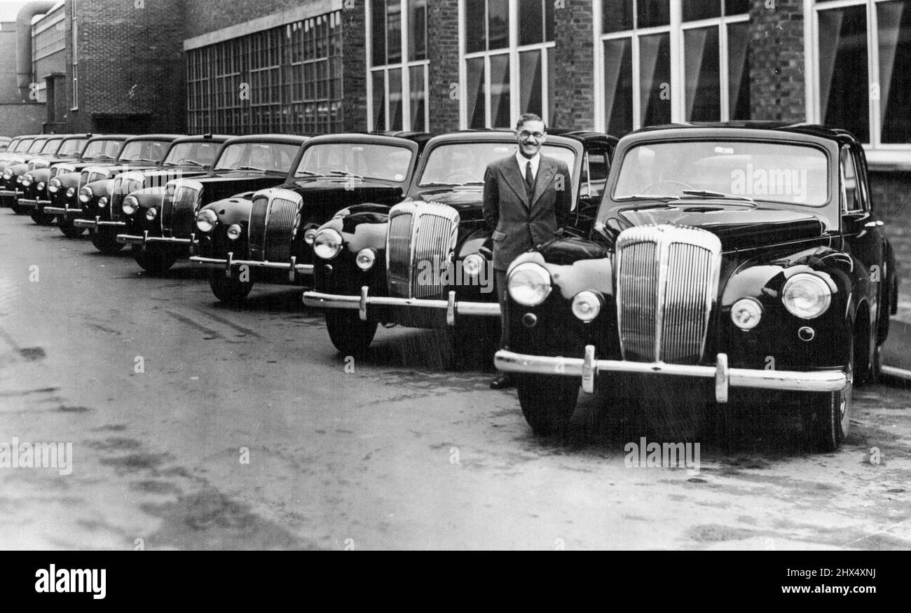 Lined up at the Coventry Works are twelve Daimler 'Conquest' Saloons for used in the forthcoming Royal Tour. They will be shipped from Tilbury on September 30 and are due to arrive in Sydney on November 1.Four Daimler 'Straight-Eight' for use of the Royal party are already in Australia. These additional twelve conquests are being provided for the Australian Government for the use of officials of the Royal Tour. The care are standard models with the small exception that side lamps have blue lenses for recognition purposes. All the cars will stay in Australia at conclusion of the Royal tour. Sep Stock Photo