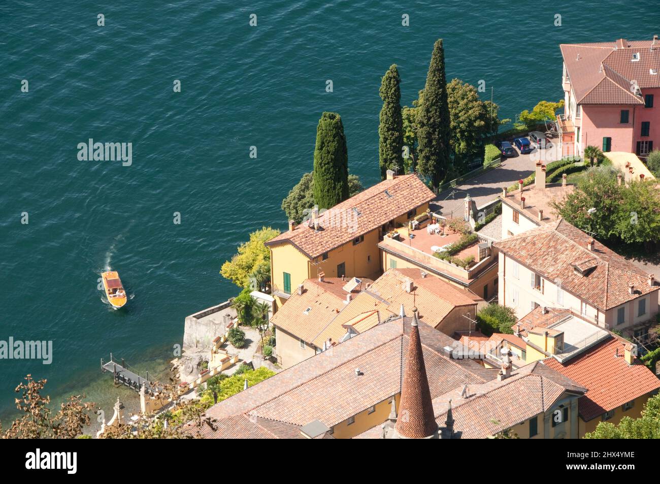 Back Roads Northern Italy - Drive 4, Back Roads Northern Italy, Italy, Lombardy, Lake Como, Castello de Vezio, view onto rooftops of Varenna Stock Photo