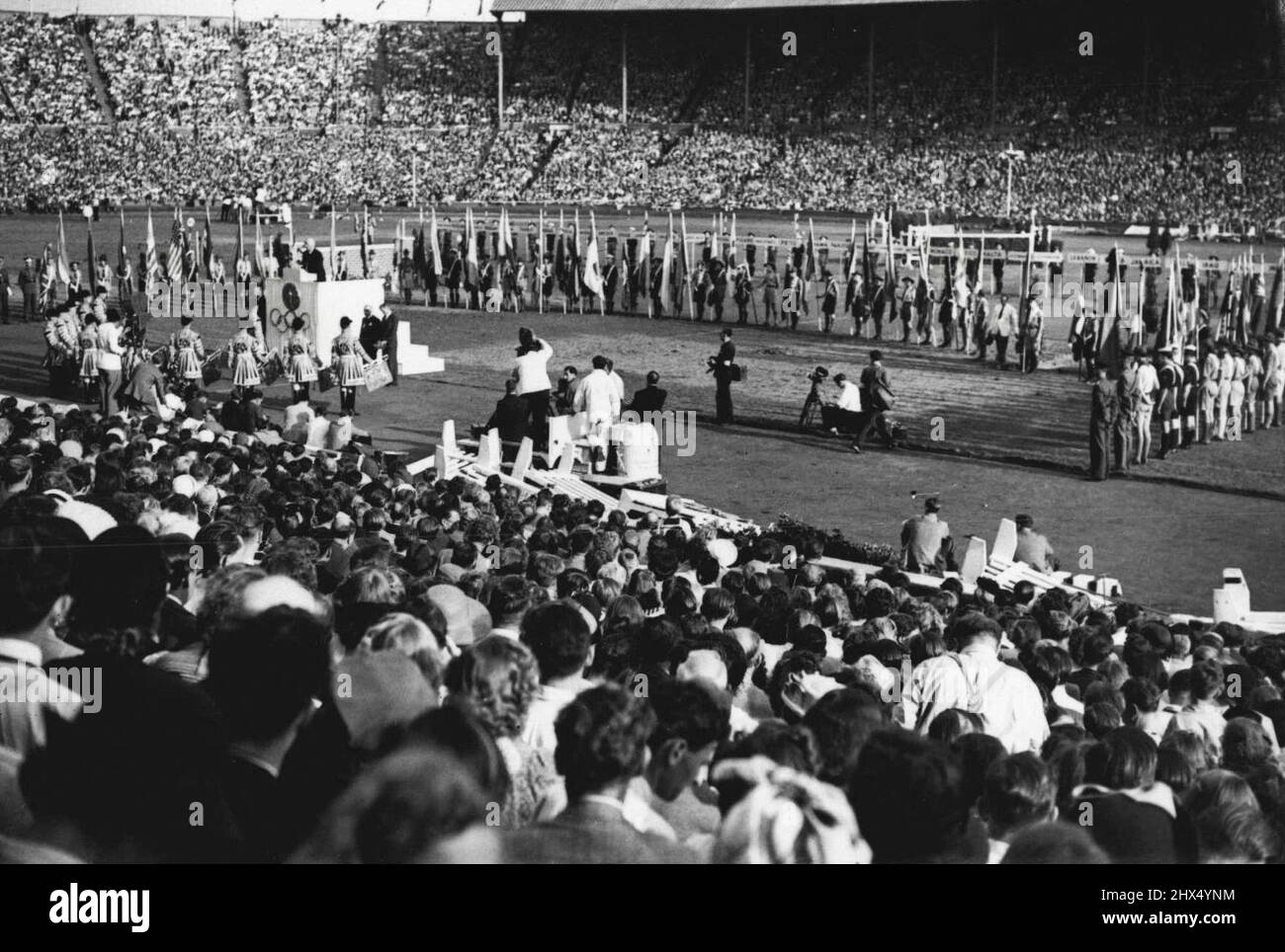 Olympic Games : Closing Ceremony At Wembley - A general view of the Stadium as Mr. J. Sigrid Edstrom, president of the International Olympic Committee, makes his closing speech. August 14, 1948. (Photo by Sport & General Press Agency, Limited). Stock Photo