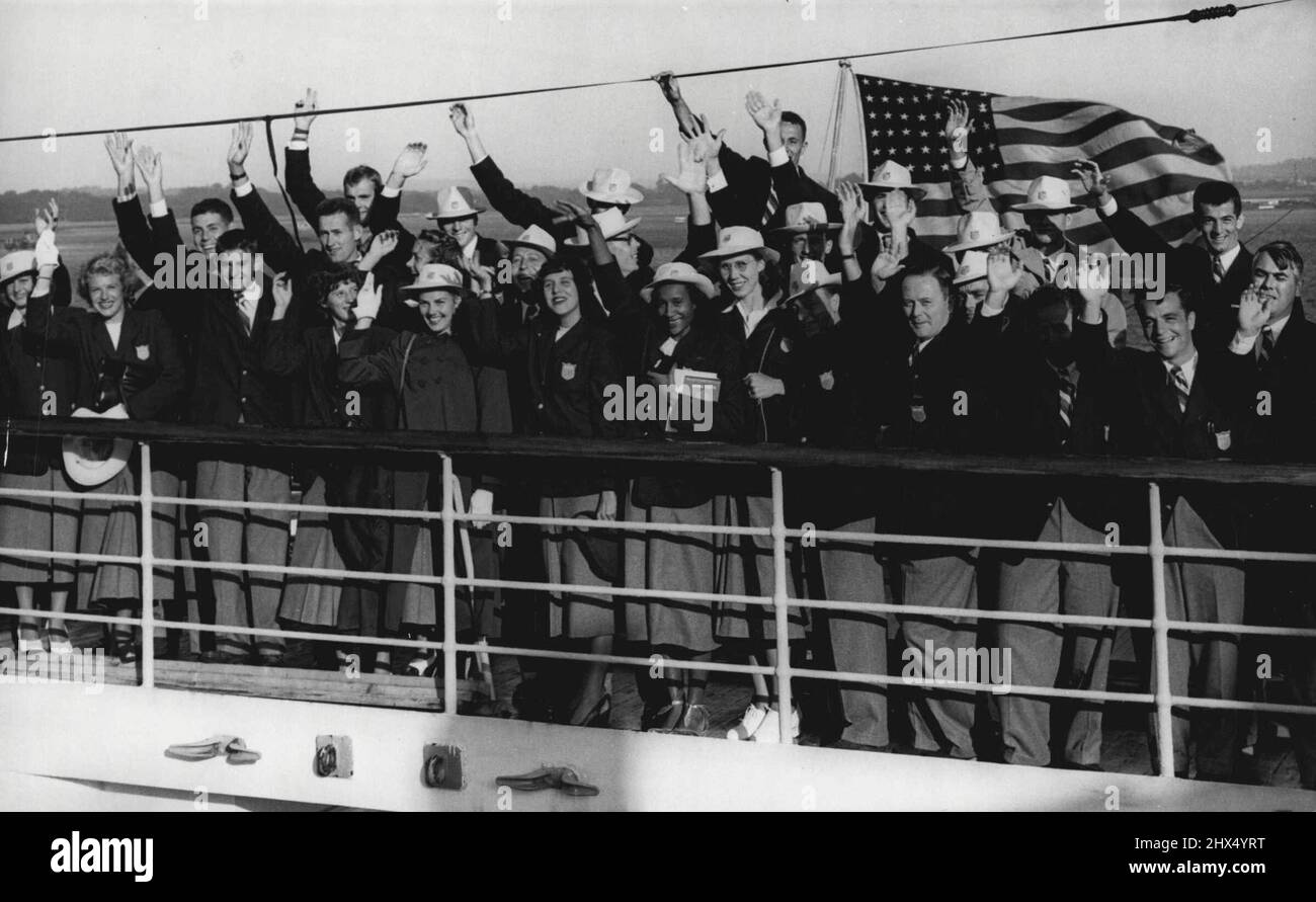 U.S. Olympic Team Arrive In Strength : Members of the 262- strong U.S. Olympic team crowd the hall of the S. S. America berthed at Southampton early this morning July 21, prior is *****. July 21, 1948. (Photo by Associated Press Photo). Stock Photo