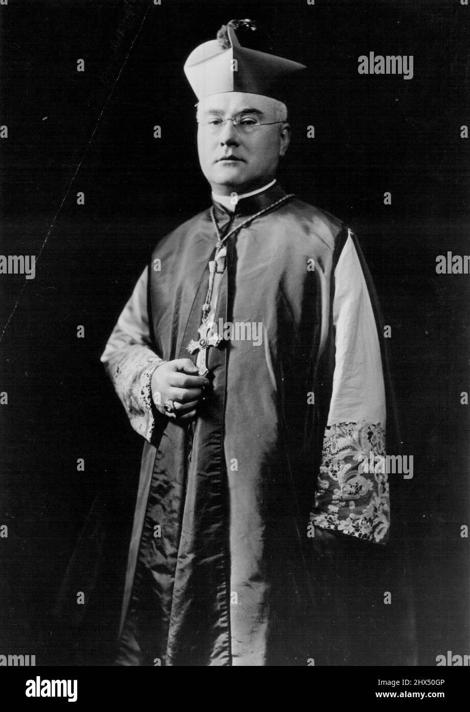 New York's New Archbishop The Most Rev. Francis J. Spellman Auxiliary Bishop of the Roman Catholic Archdiocese of Boston since 1932, who was appointed Archbishop of New York, to succeed the late Patrick Cardinal Haves, April 24. April 25, 1939. (Photo by ACME). Stock Photo