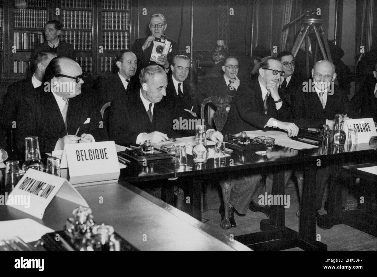 Western Union Foreign Minister Meeting In London -- Left to right: M. Spaak, Belgian Foreign Minister: Viscount A. De Theusles, ***** Belgian Ambassador; M. Massigli, French Ambassador, and M. Schuman, the French Minister, at the opening session. The Foreign Ministers of Britain, France Belgium, the Netherlands and Luxembourg, as the Consultative Council of the Brussels Treaty Powers, met in conference at the Foreign Office, London. January 01, 1949. (Photo by Sport & General Press Agency, Limited). Stock Photo