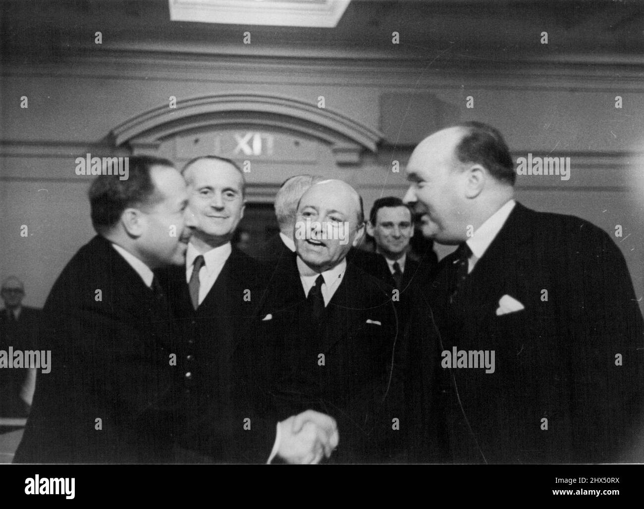 United Nations Assembly, London, 1946 -- M. Spaak, the Belgian Foreign Minister, was elected President of the Assembly. Here he is being congratulated by a colleague. March 24, 1948. (Photo by Pictorial Press). Stock Photo