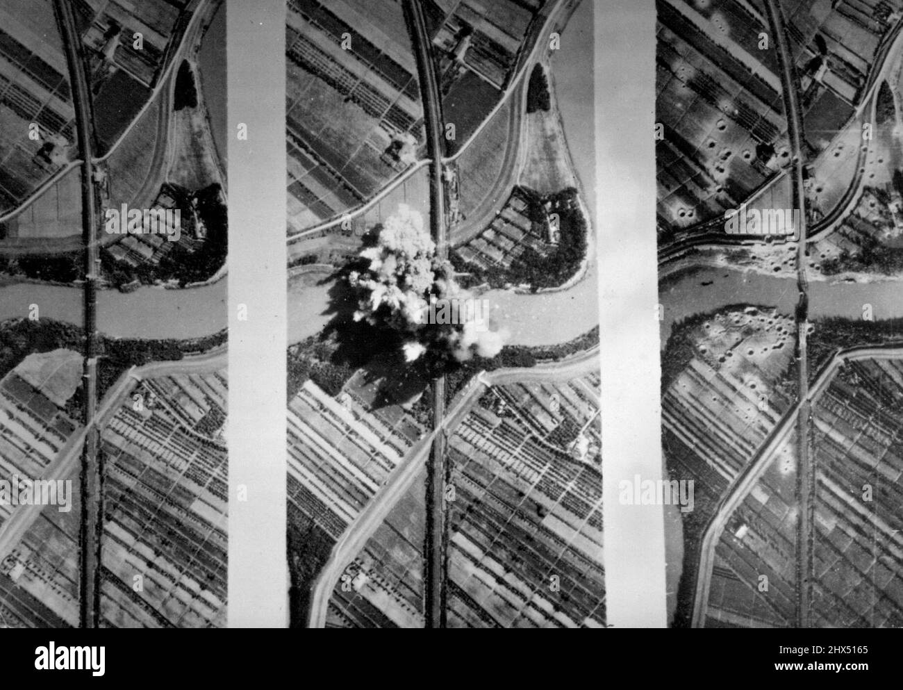 American Precision Bombing destroys Italian BridgeThese three photos illustrate graphically the result of precision bombing by an American plane in Italy. The picture at the left was taken before the bombing of the San Dona Dia Piave railroad bridge in northern Italy, a short distance form Venice. In the center photo bomb bursts are exploding on the span. The photo at the right shows the destroyed bridge,with only a shattered mass of steel left to remind the enemy that here was once a vital link in his hard-pressed transportation system. The bomb crators on both sides of the approaches testify Stock Photo