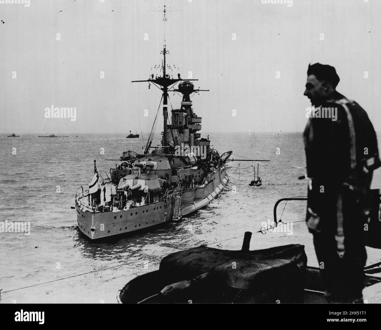 The British Home Fleet's Summer Exercises H.M.S. Malaya at anchor as seen from the Flight Deck