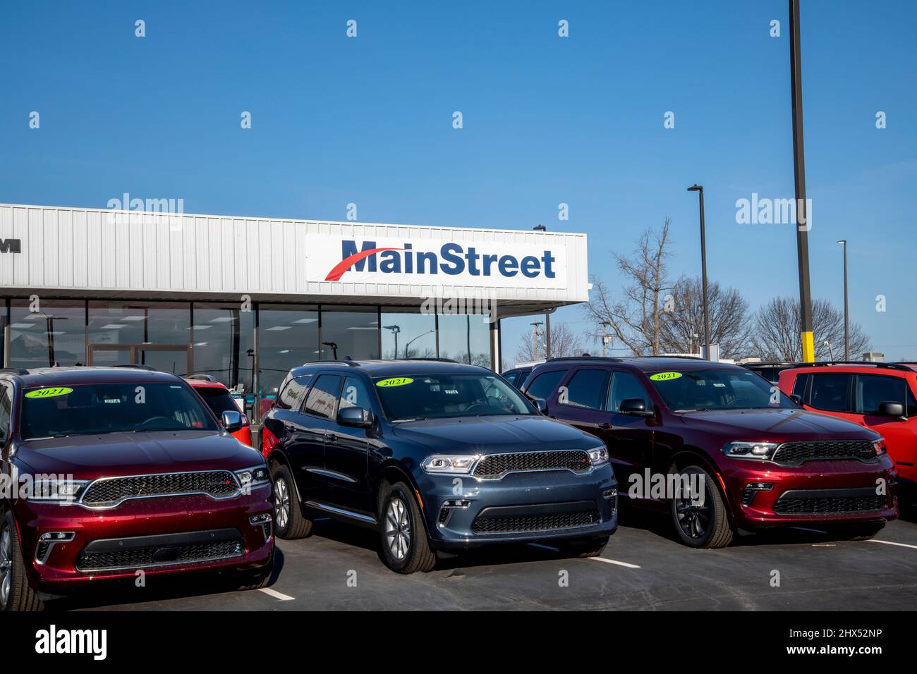 Lansing, Kansas. Car dealership lot displaying new 2021 Dodge vehicles