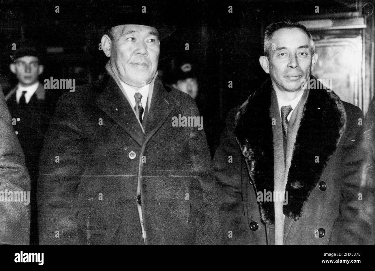Japanese Naval Delegates Arrive -- Japan's delegation to the London Naval ***** which stars next Monday, arrived at Victoria *****. Admiral Osmai Nagano (left) head of ***** and Mr. Matsuzo Nagai (right), former ***** Ambassador to Berlin, photographed on *****. December 30, 1935. (Photo by Keystone) Stock Photo