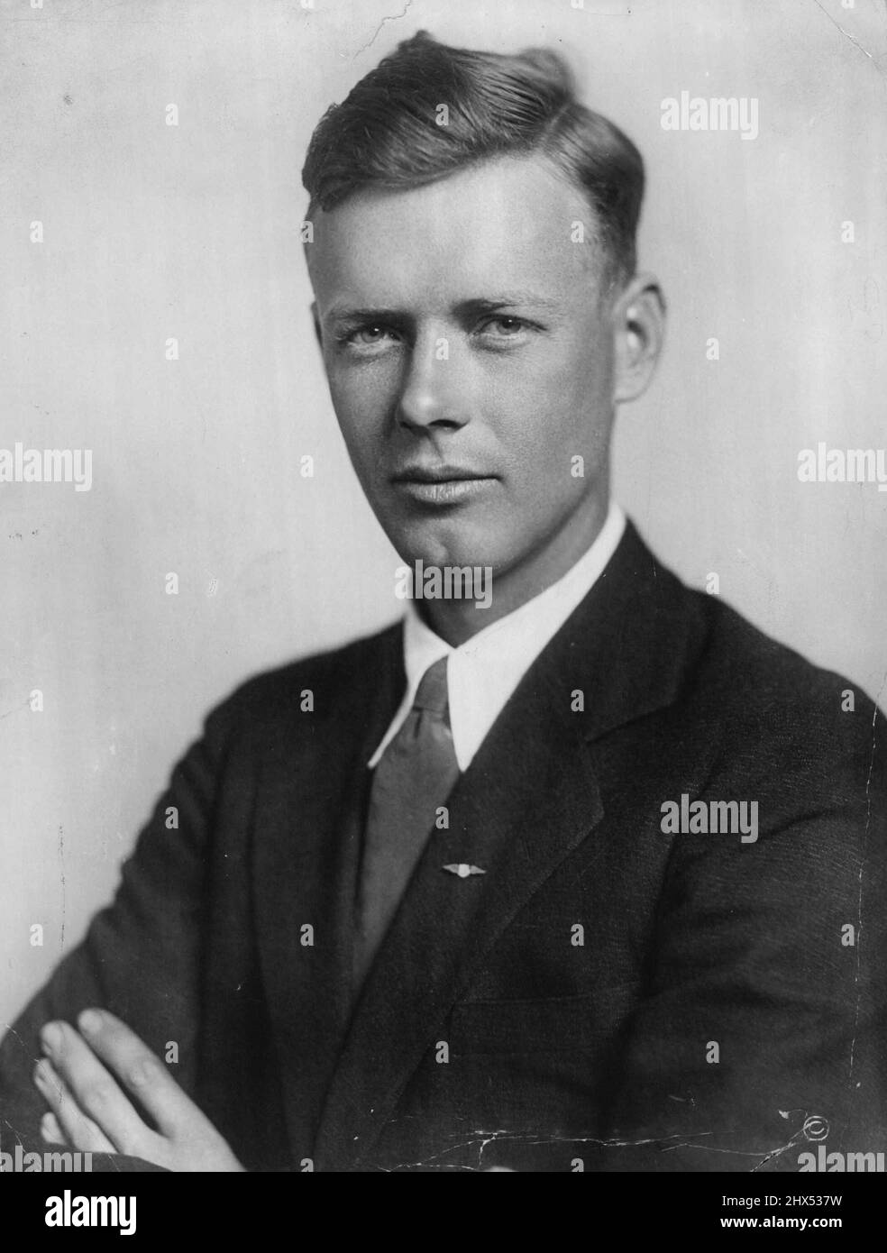 10th Anniversary Of Lindbergh's Epic Flight -- A photograph of Charles A. Lindbergh taken in the New York Times studio May 16, 1927, four days before he made his Epic flight from New York to Paris May 20 1923 ten years ago. April 23, 1937. Stock Photo