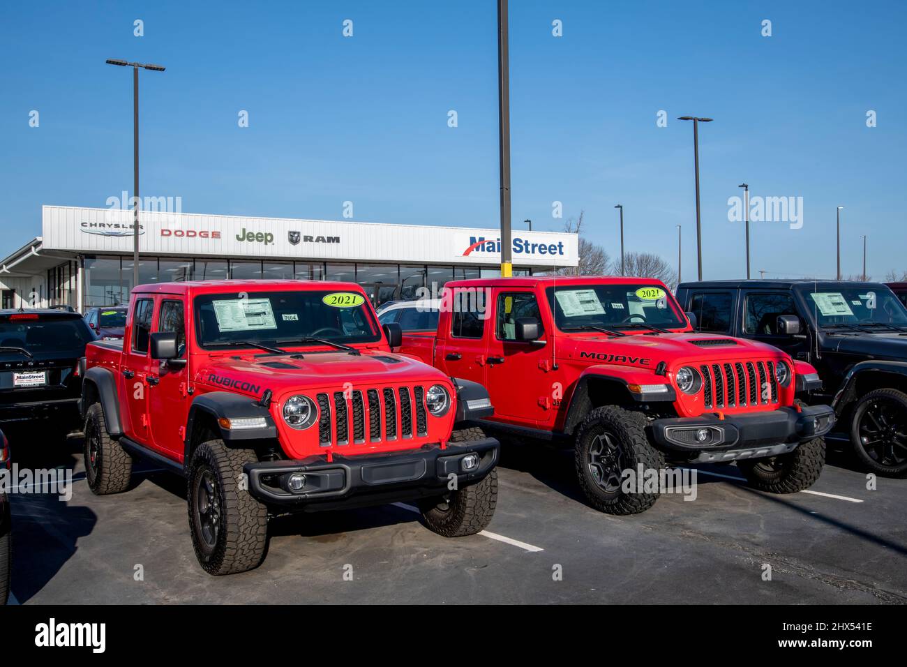 Lansing, Kansas. Car dealership lot displaying new 2021 vehicles on the
