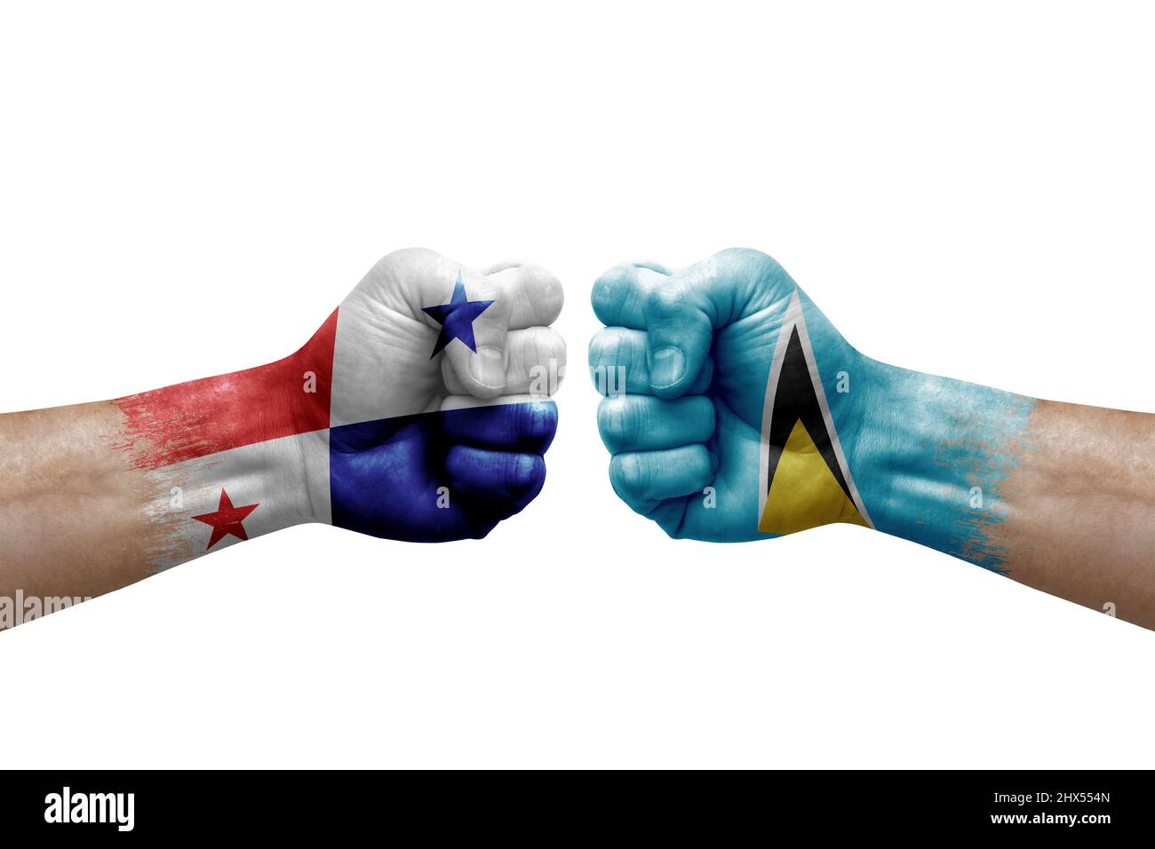 Two hands punch to each others on white background. Country flags painted fists, conflict crisis