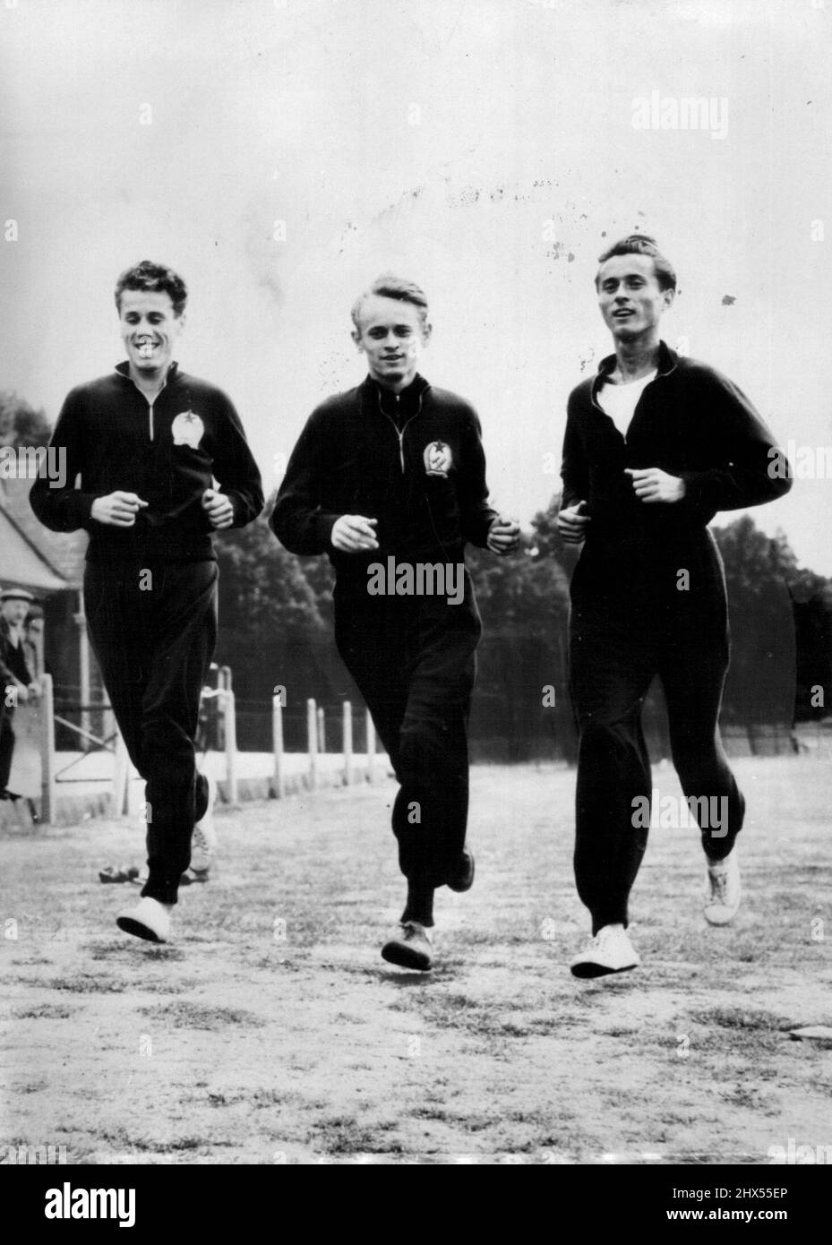 Hungary's record-breaking trio of Laszlo Tabori, Istvan Roszavolgyi and Sandor Iharos loosen up on grass. November 25, 1955. (Photo by Magyar Foto). Stock Photo