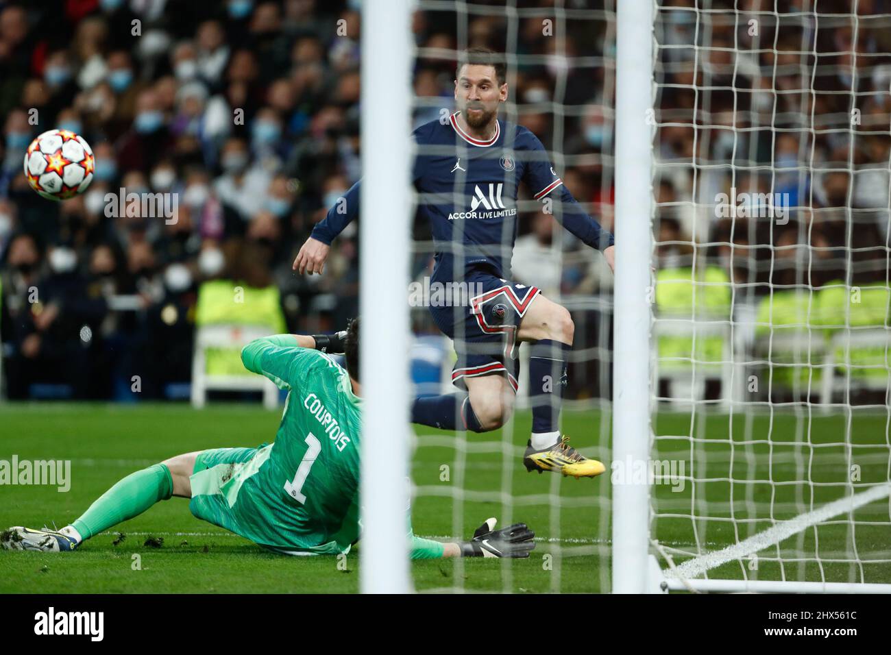 Lionel Messi of PSG and Thibaut Courtois of Real Madrid during the UEFA ...