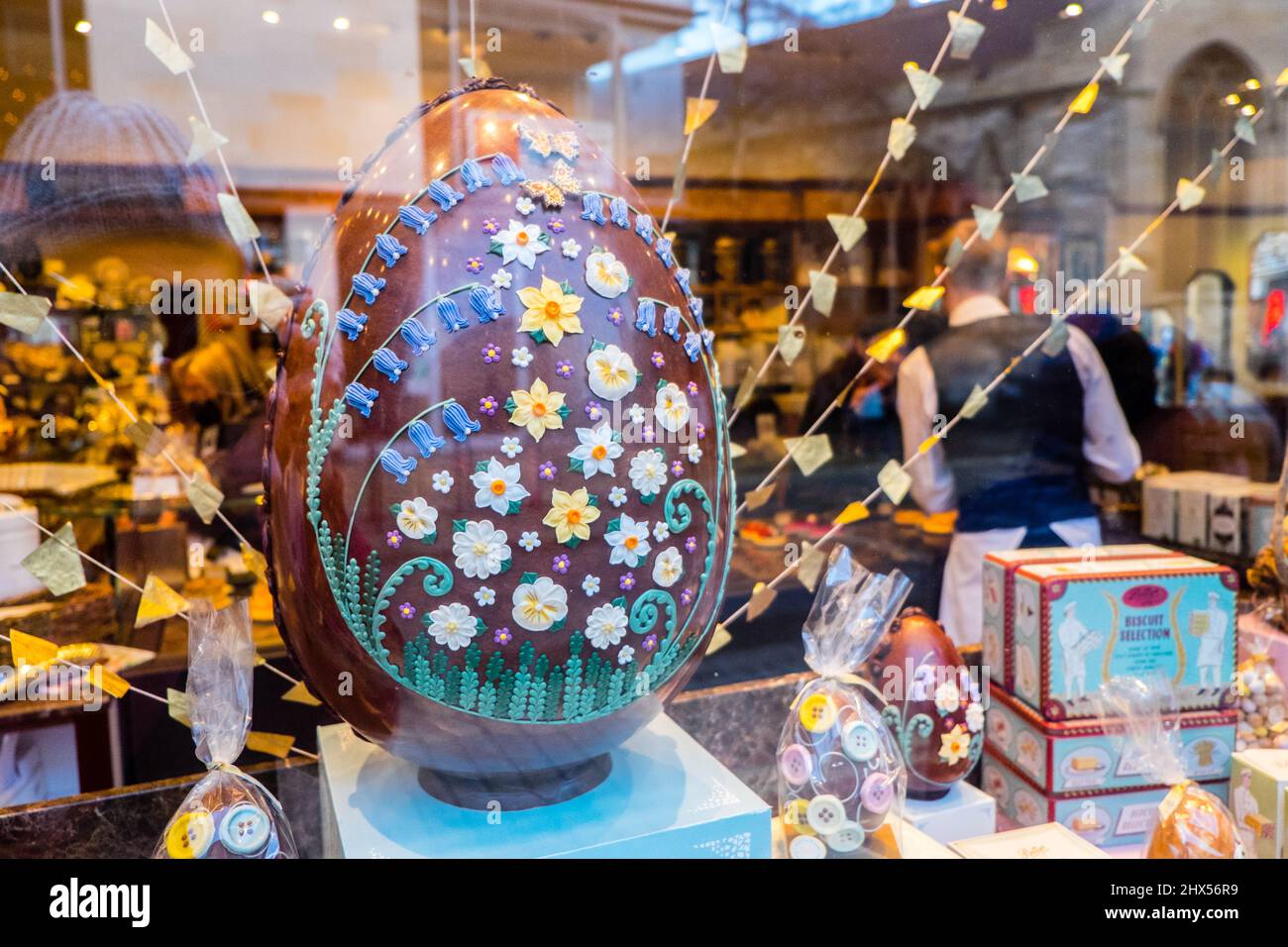 Huge,big,large,extravagant,Easter,Easter egg,shop,display,window,window display,at,inside,famous,institution,Bettys Cafe Tea Rooms,York,city,centre,Yorkshire,England,English,UK,United Kingdom,GB,Great Brtiain,British,Europe, Stock Photo